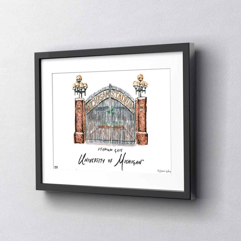 Michigan Stadium Gate, Framed Watercolor Wall Art 11" x 14" by Laura Wilcox