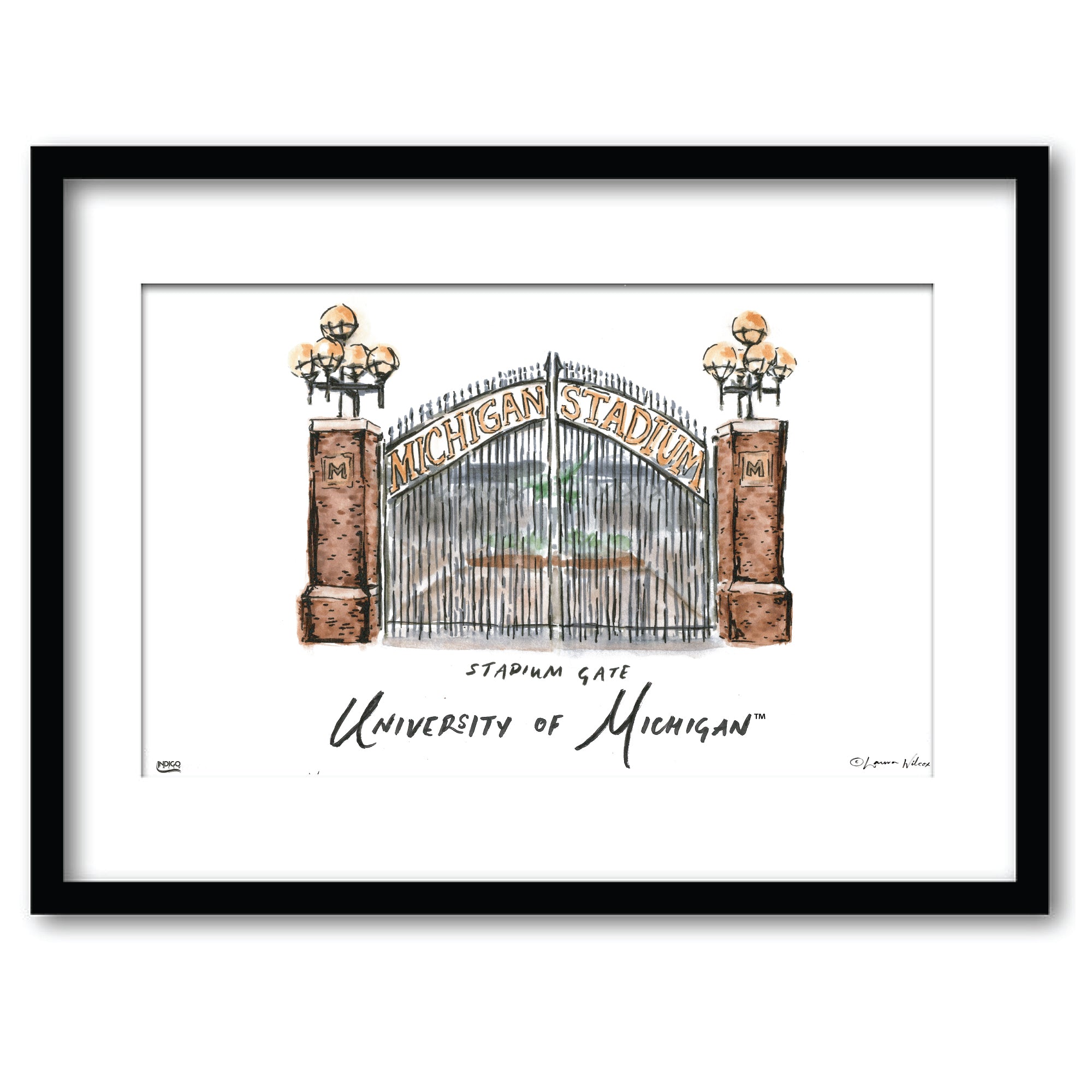 Michigan Stadium Gate, Framed Watercolor Wall Art 11" x 14" by Laura Wilcox