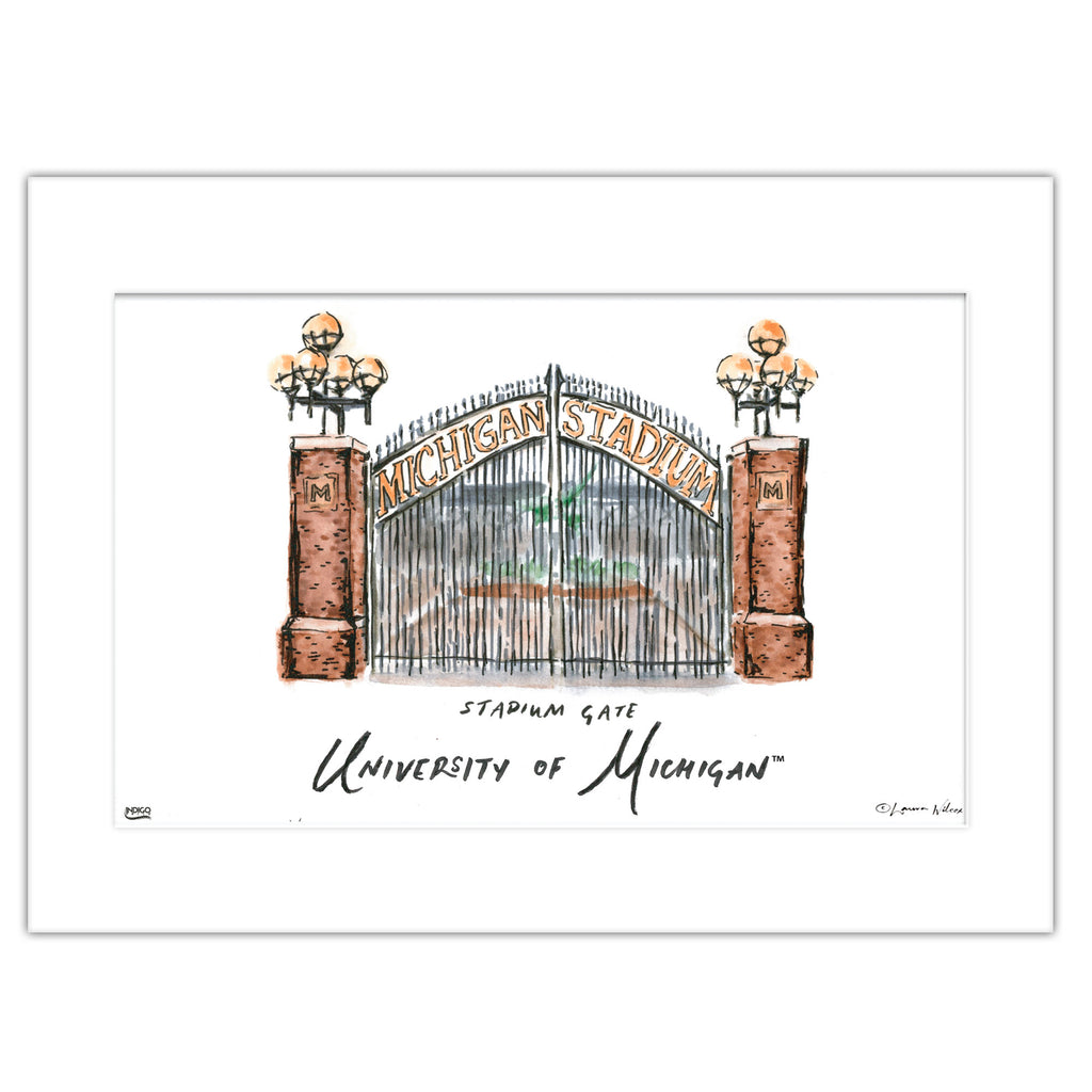 Michigan Stadium Gate, Matted Watercolor Wall Art 11" x 14" by Laura Wilcox