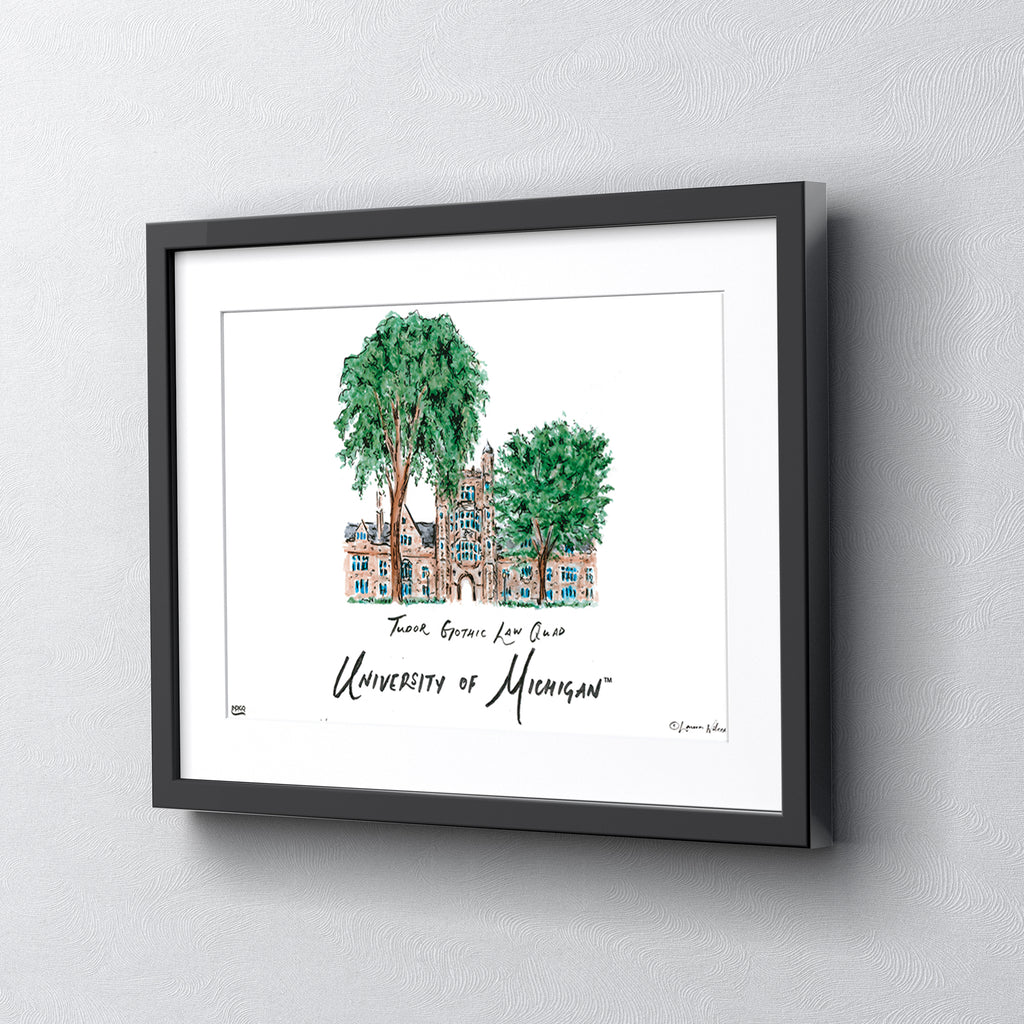Michigan Tudor Gothic Law Quad, Framed Watercolor Wall Art 11" x 14" by Laura Wilcox