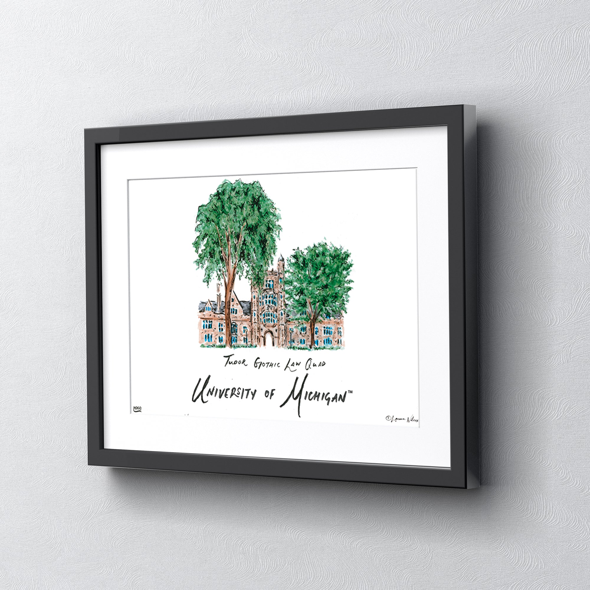 Michigan Tudor Gothic Law Quad, Framed Watercolor Wall Art 11" x 14" by Laura Wilcox