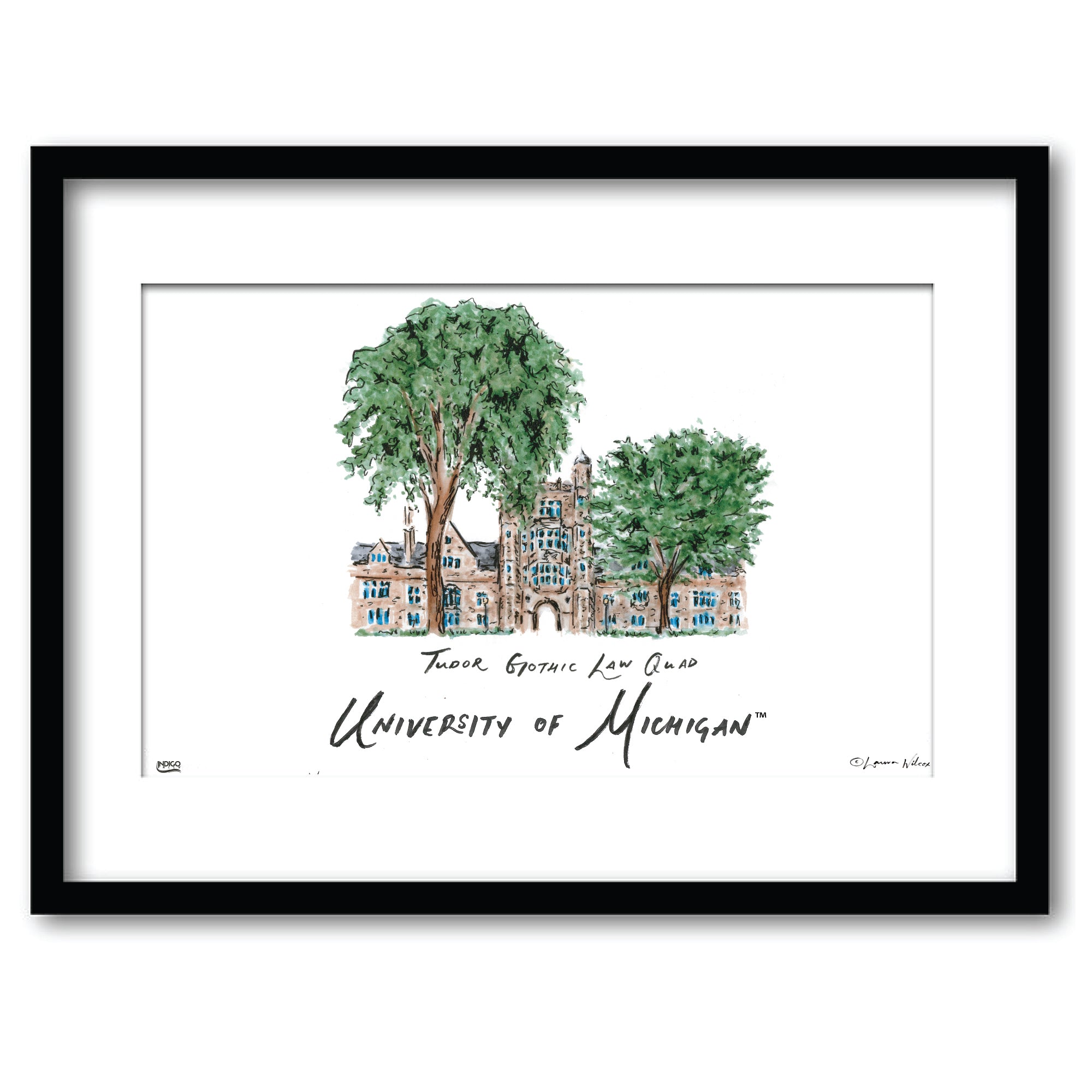 Michigan Tudor Gothic Law Quad, Framed Watercolor Wall Art 11" x 14" by Laura Wilcox