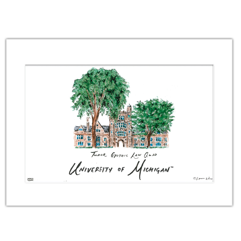 Michigan Tudor Gothic Law Quad, Matted Watercolor Wall Art 16" x 20" by Laura Wilcox