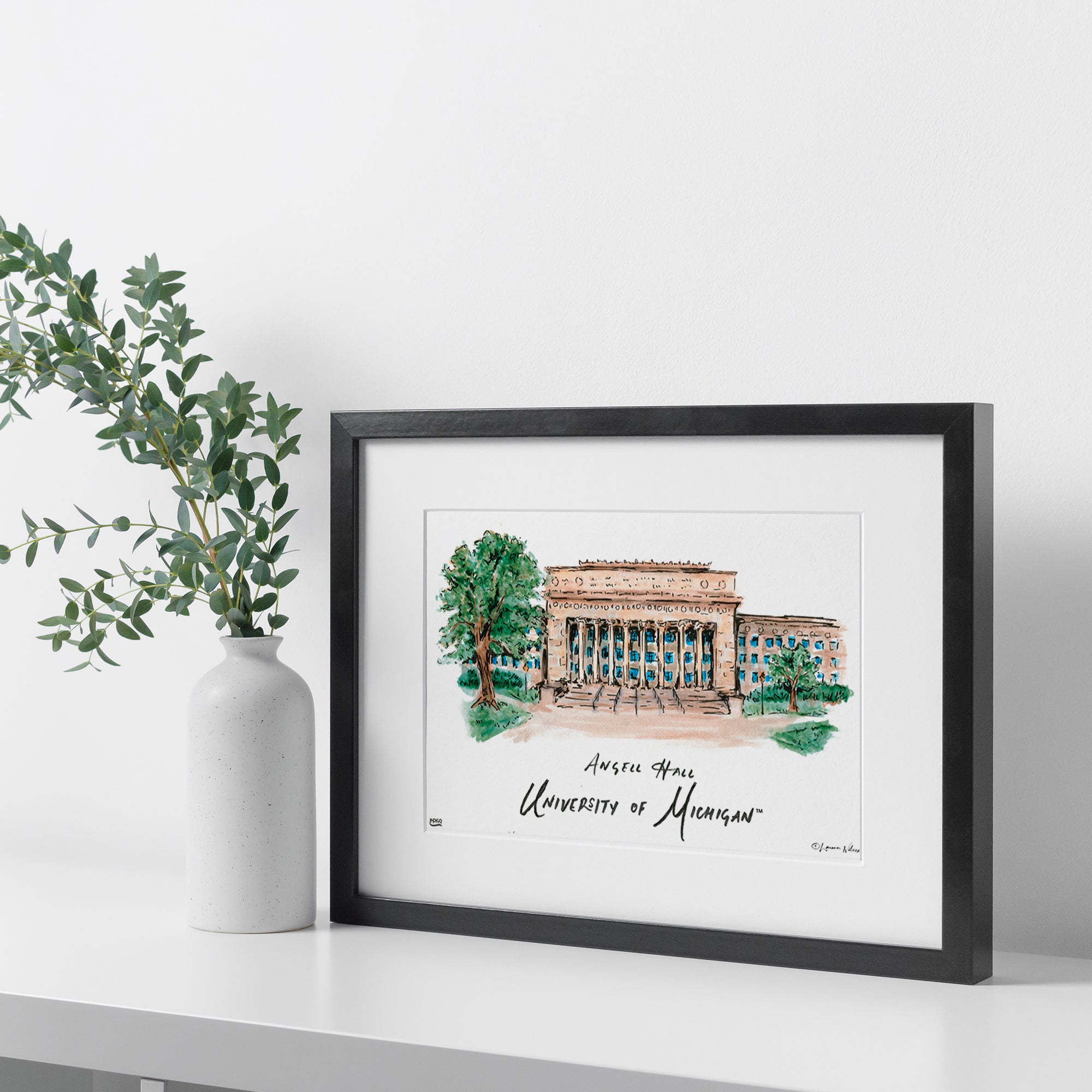 Michigan Angell Hall, Framed Watercolor Wall Art 16" x 20" by Laura Wilcox