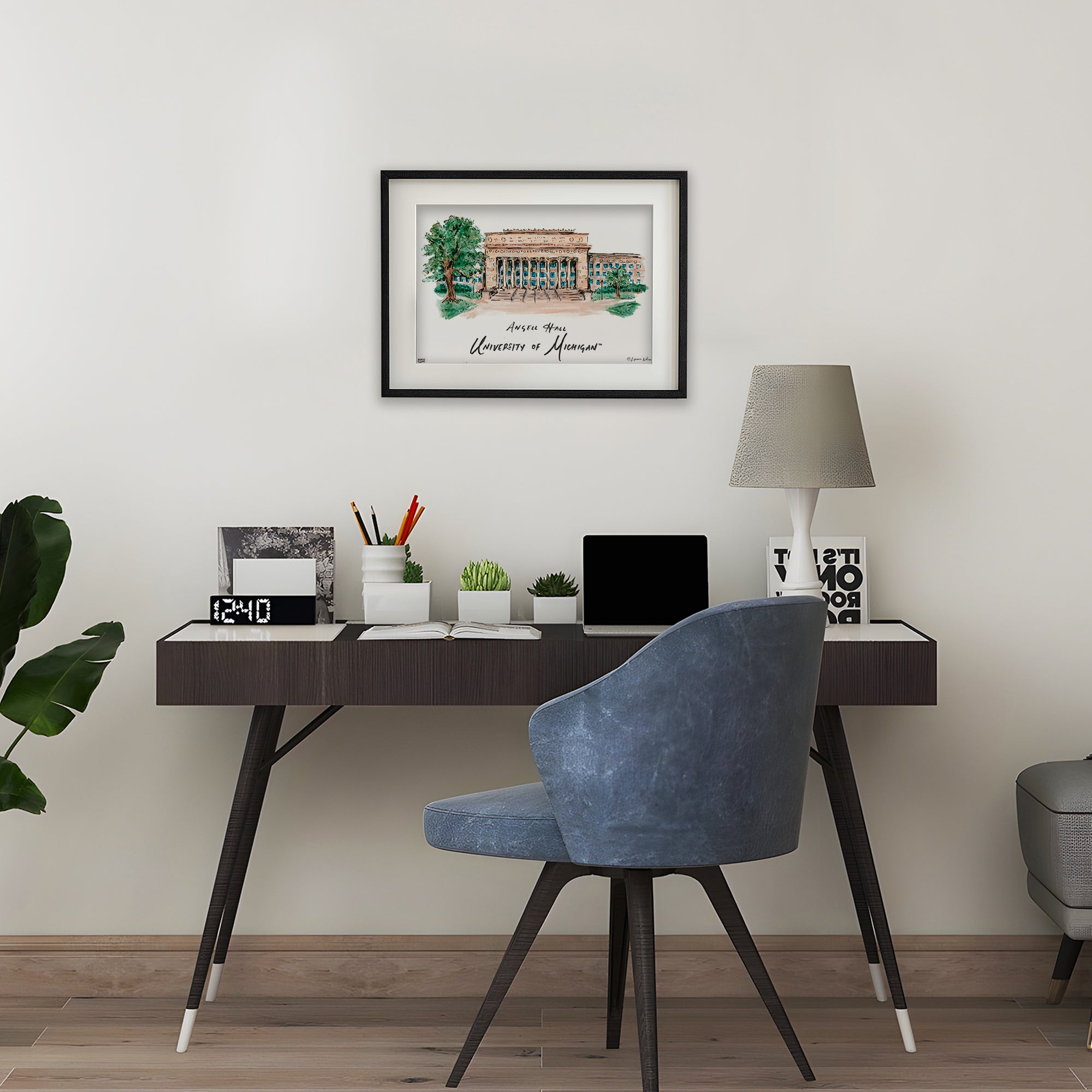 Michigan Angell Hall, Framed Watercolor Wall Art 11" x 14" by Laura Wilcox