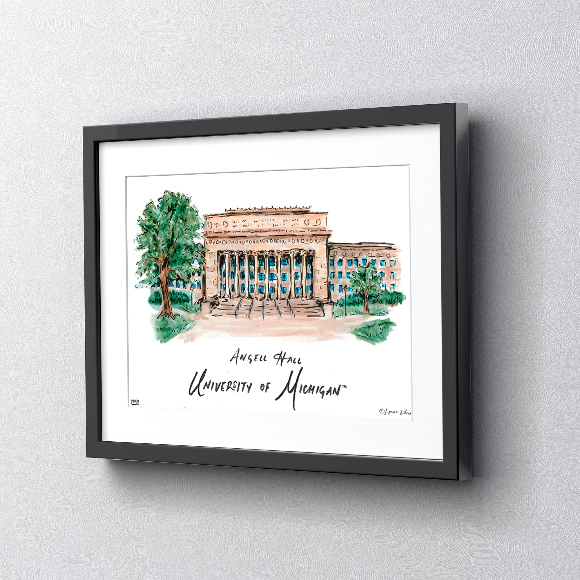 Michigan Angell Hall, Framed Watercolor Wall Art 16" x 20" by Laura Wilcox