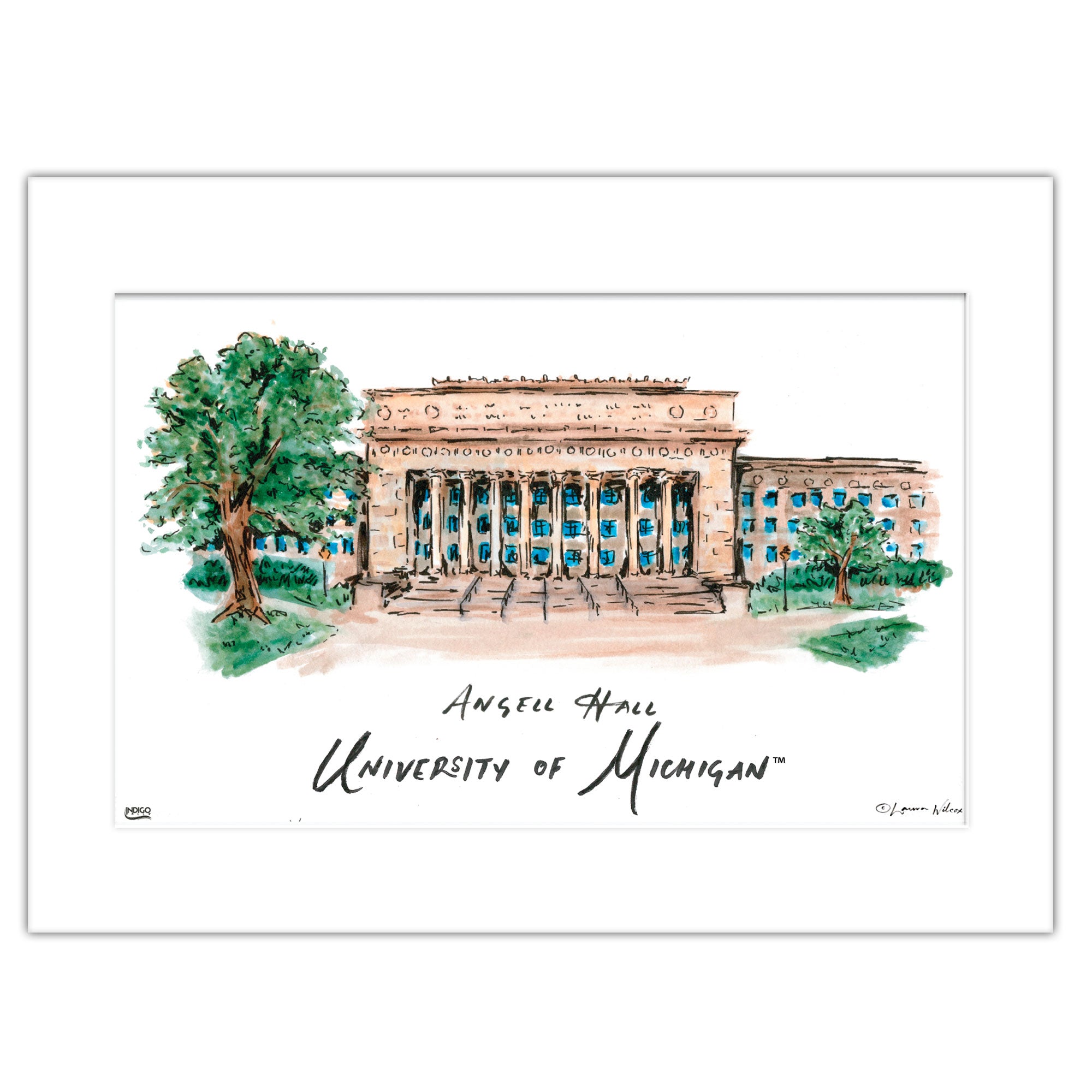 Michigan Angell Hall, Matted Watercolor Wall Art 16" x 20" by Laura Wilcox