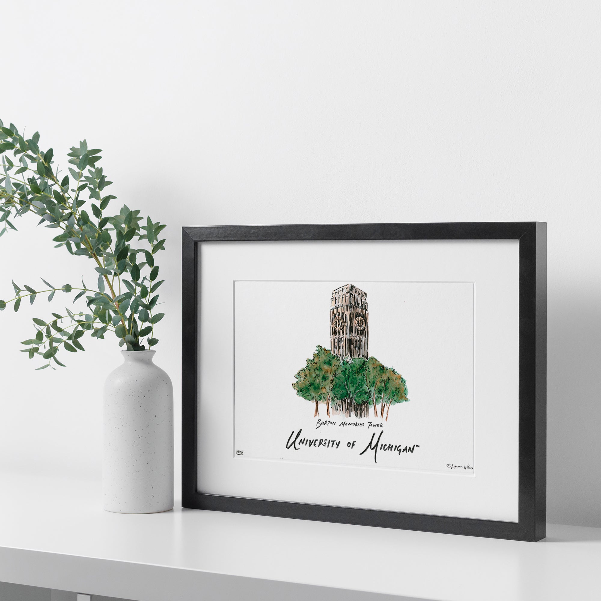 Michigan Burton Memorial Tower, Framed Watercolor Wall Art 16" x 20" by Laura Wilcox