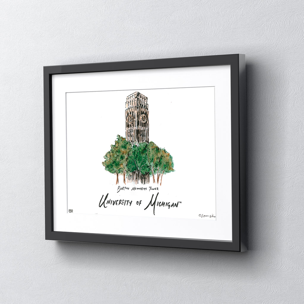 Michigan Burton Memorial Tower, Framed Watercolor Wall Art 16" x 20" by Laura Wilcox