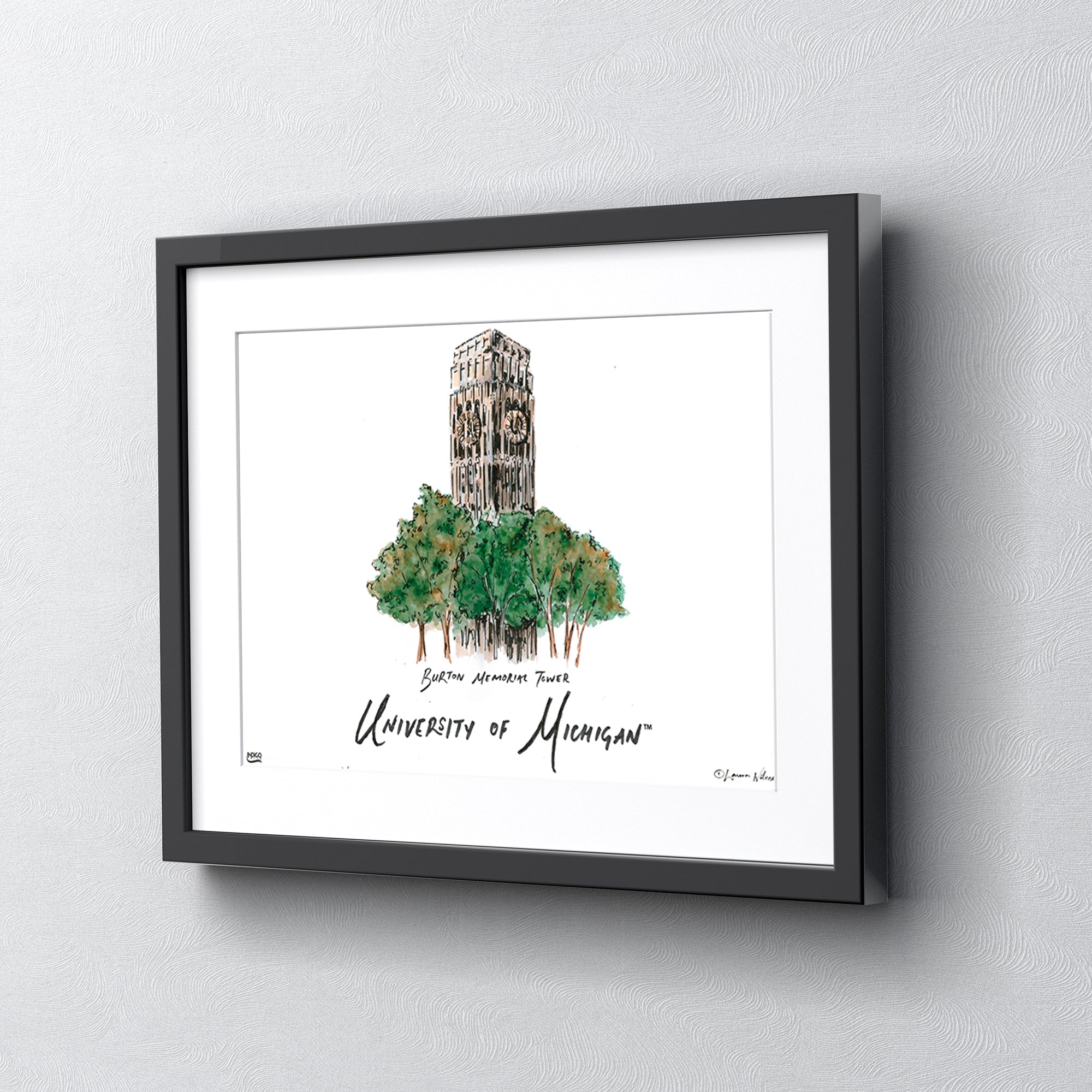 Michigan Burton Memorial Tower, Framed Watercolor Wall Art 16" x 20" by Laura Wilcox