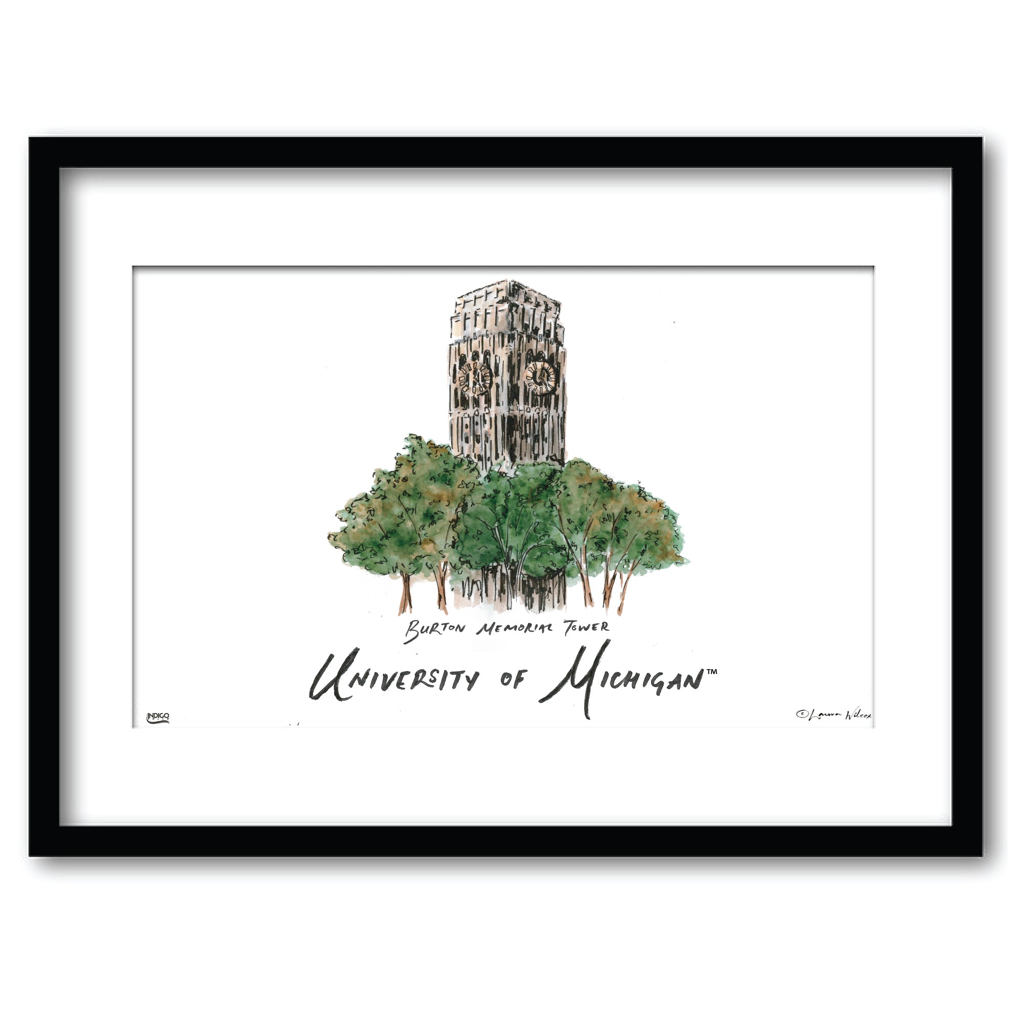 Michigan Burton Memorial Tower, Framed Watercolor Wall Art 11" x 14" by Laura Wilcox