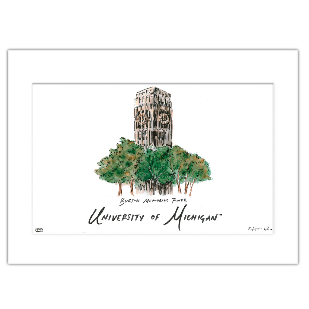 Michigan Burton Memorial Tower, Matted Watercolor Wall Art 11" x 14" by Laura Wilcox