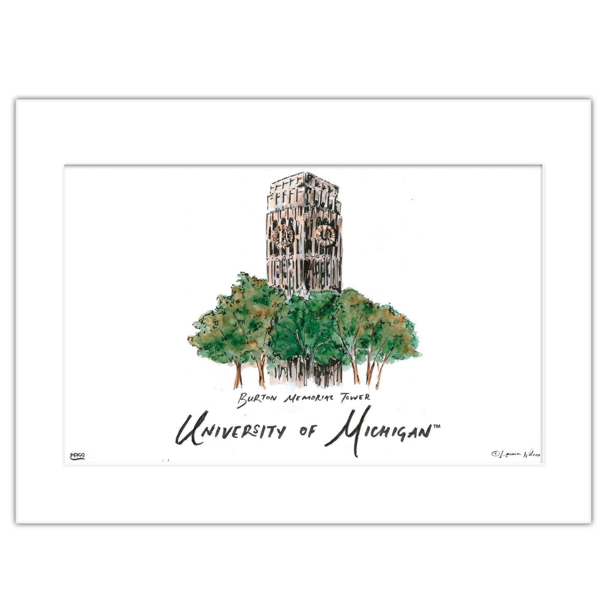 Michigan Burton Memorial Tower, Matted Watercolor Wall Art 16" x 20" by Laura Wilcox