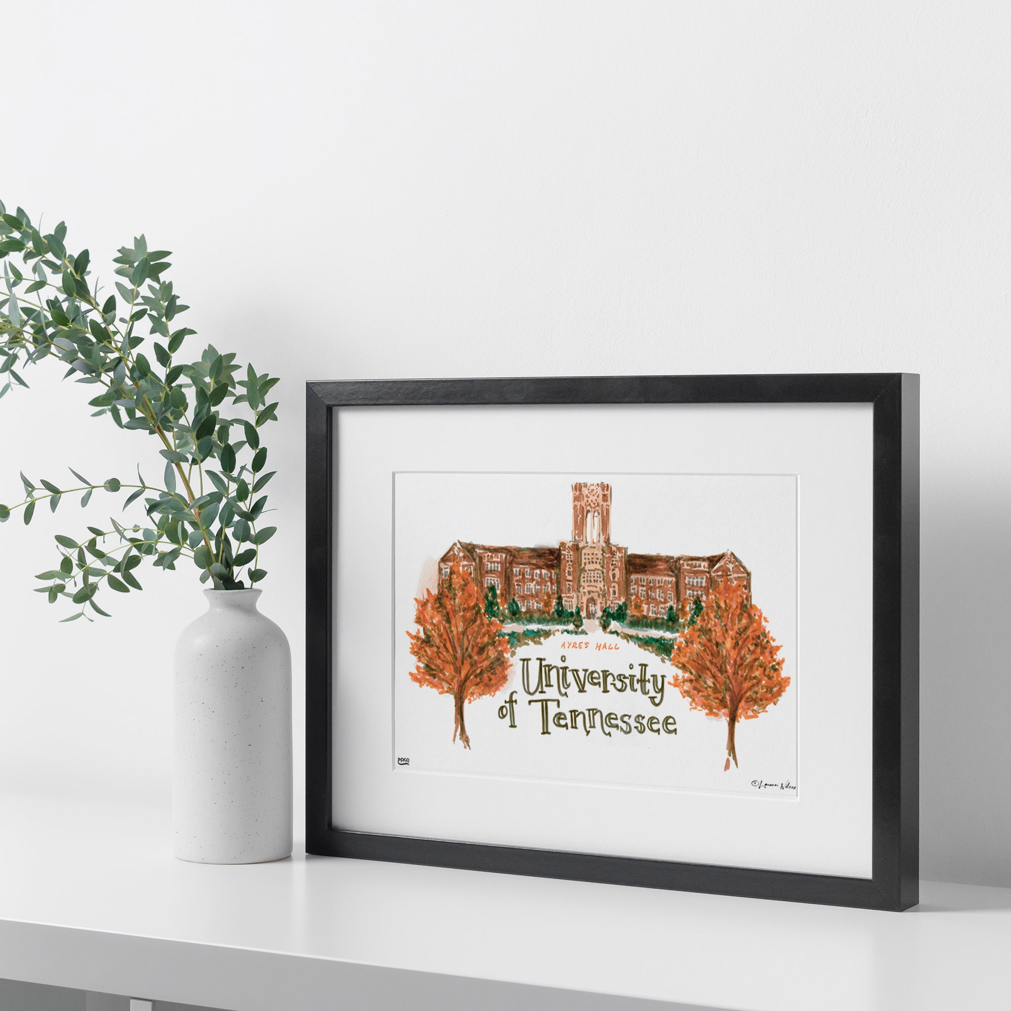 Tennessee Ayres Hall, Framed Watercolor Wall Art 16" x 20" by Laura Wilcox
