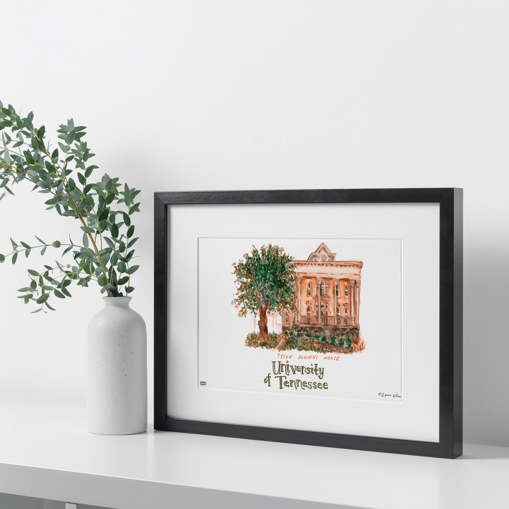 Tennessee Tyson Alumni House, Framed Watercolor Wall Art 11" x 14" by Laura Wilcox
