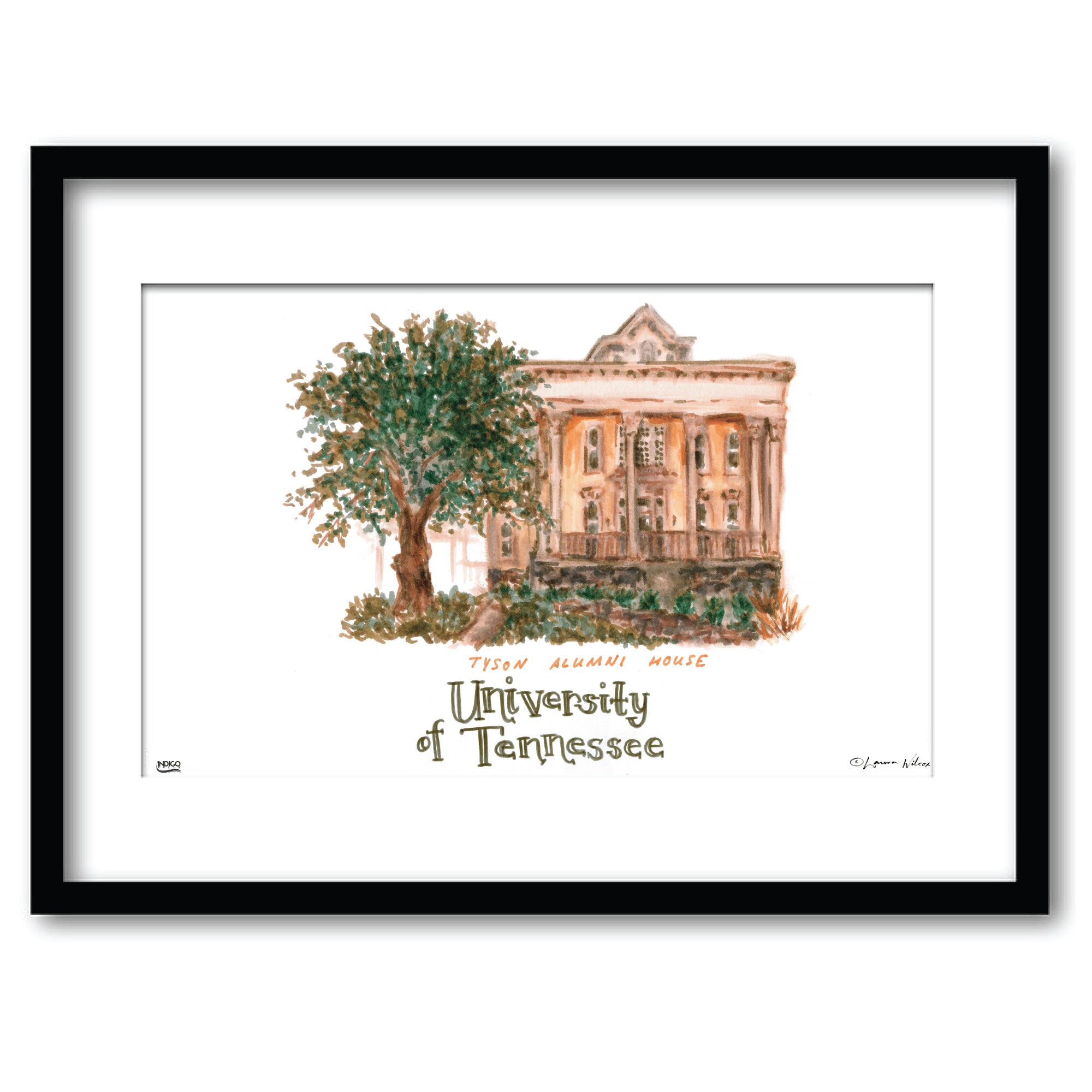 Tennessee Tyson Alumni House, Framed Watercolor Wall Art 11" x 14" by Laura Wilcox