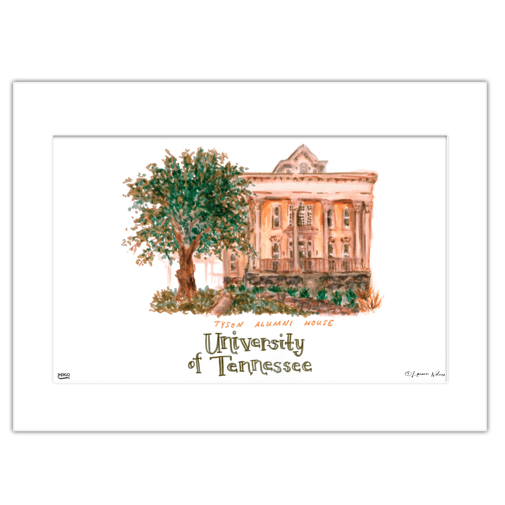 Tennessee Tyson Alumni House, Matted Watercolor Wall Art 16" x 20" by Laura Wilcox
