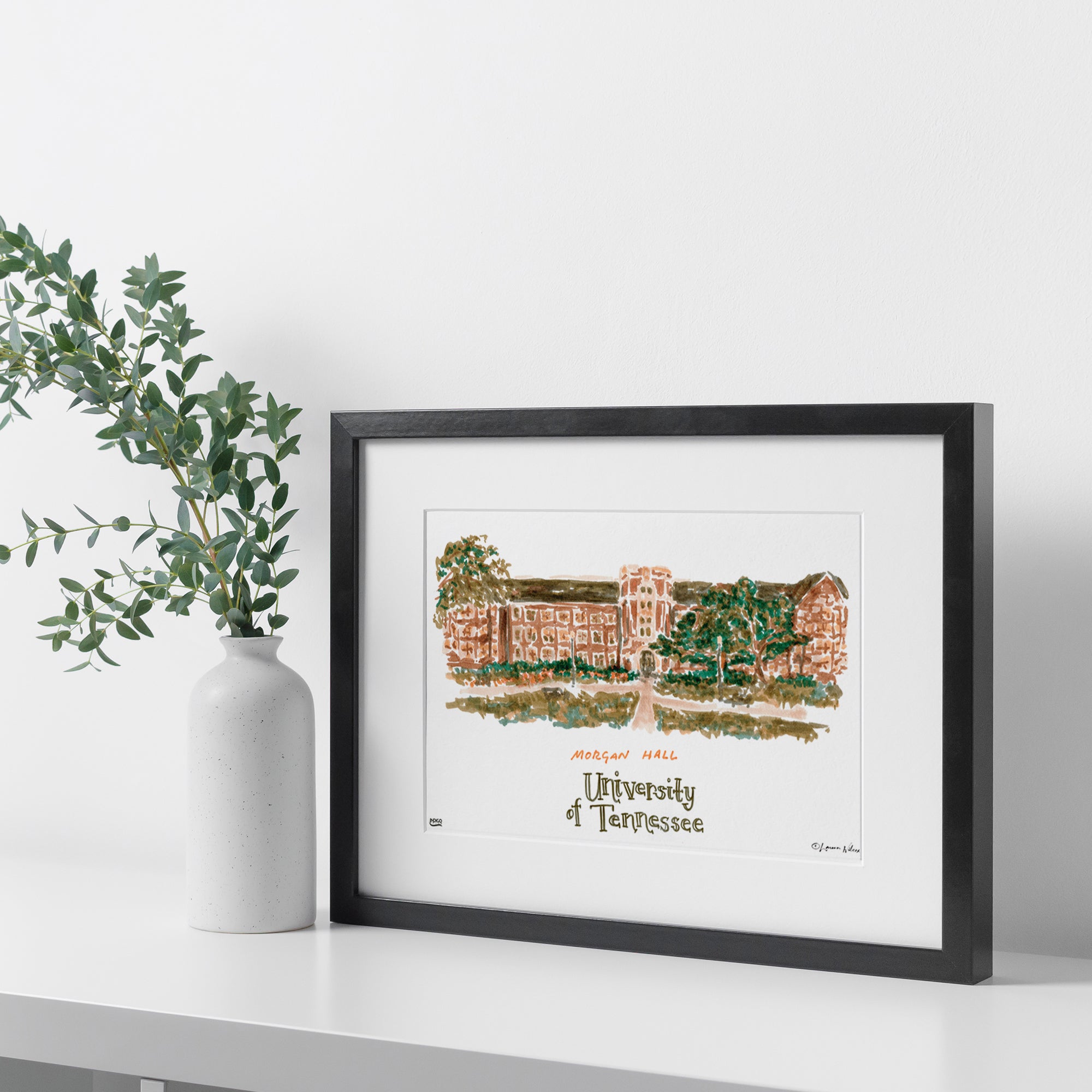 Tennessee Morgan Hall, Framed Watercolor Wall Art 11" x 14" by Laura Wilcox