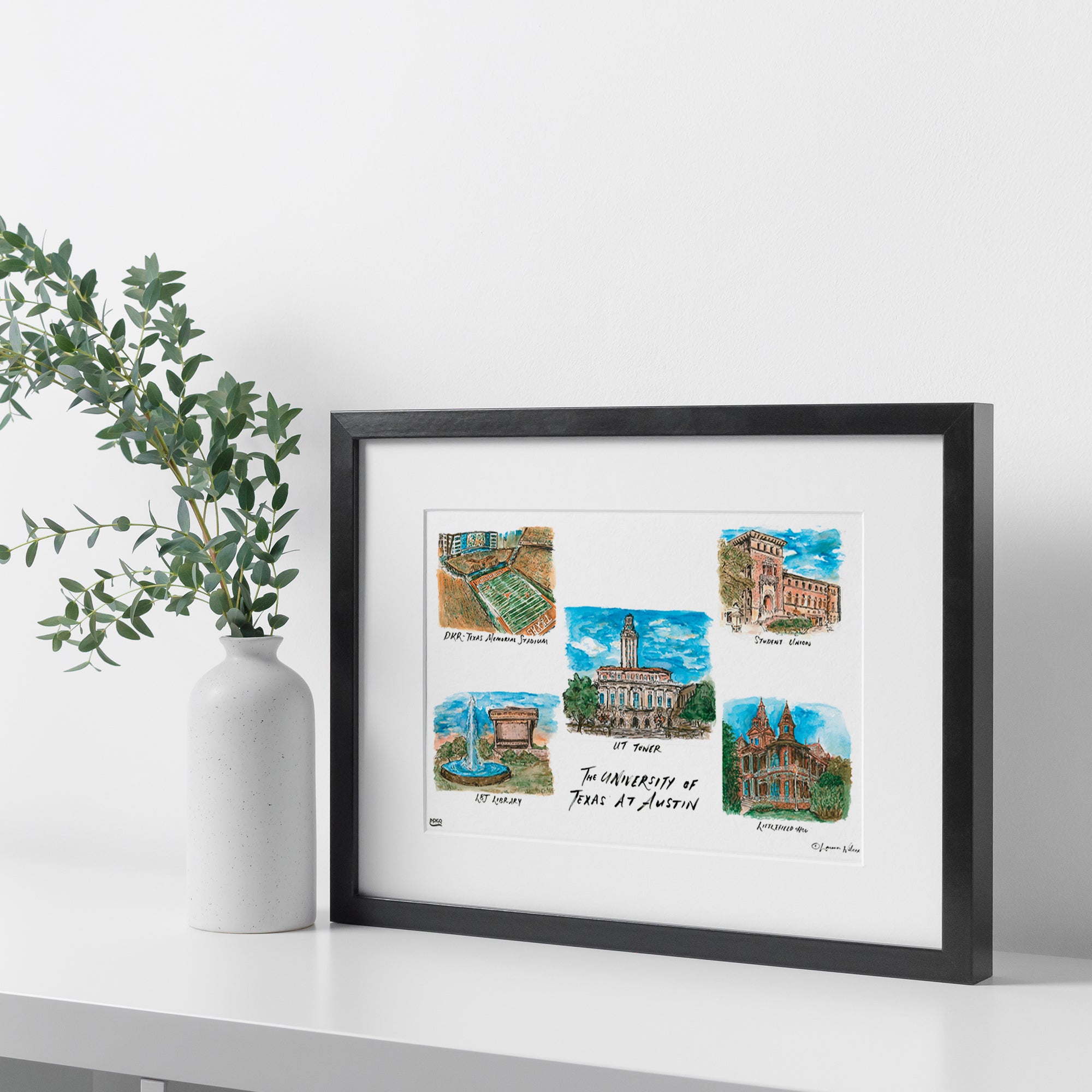 Texas at Austin Collage, Framed Watercolor Wall Art 11" x 14" by Laura Wilcox