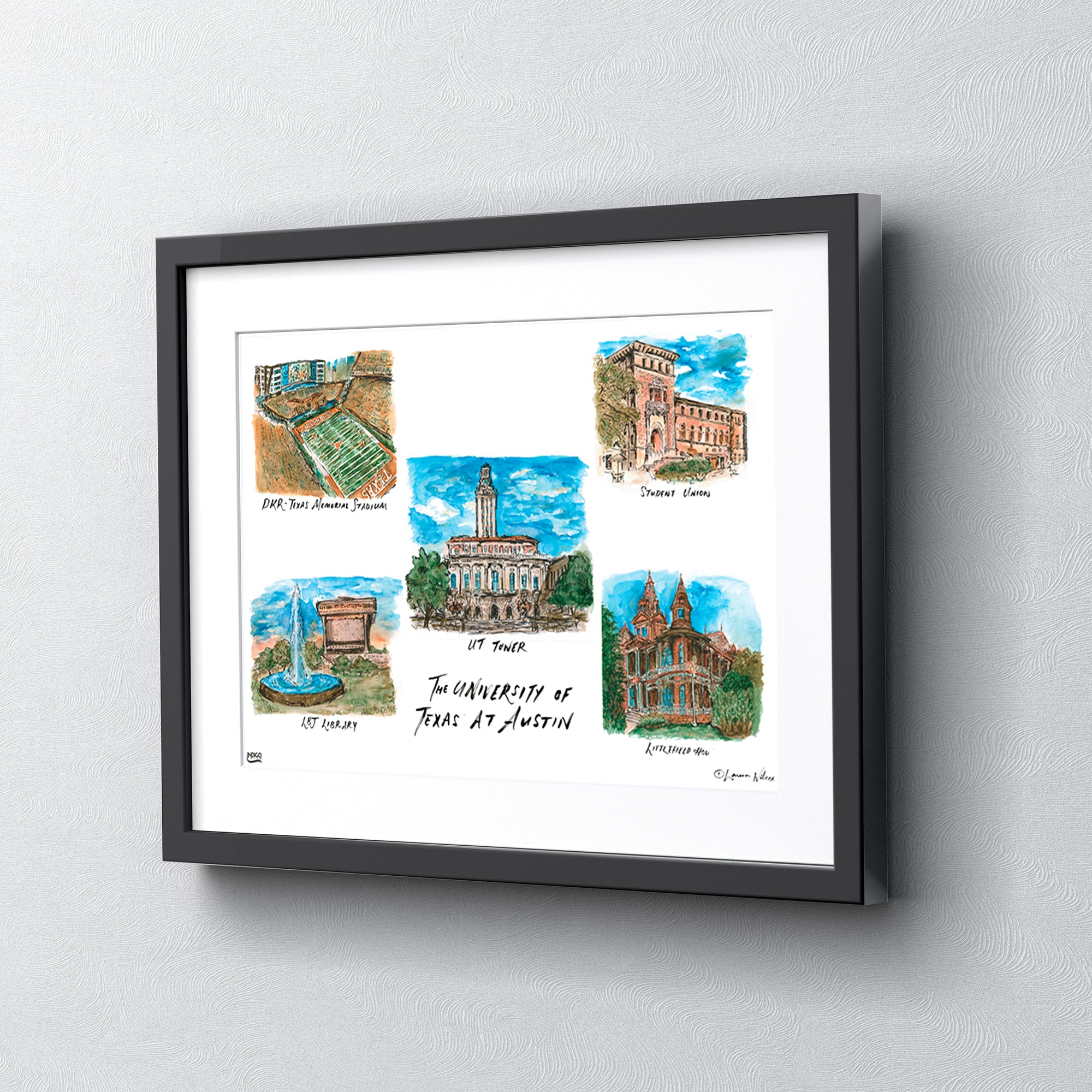 Texas at Austin Collage, Framed Watercolor Wall Art 11" x 14" by Laura Wilcox