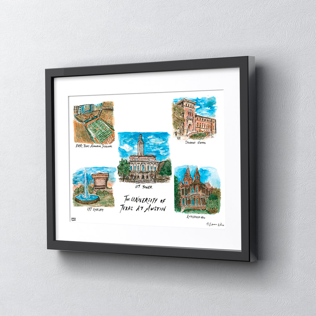 Texas at Austin Collage, Framed Watercolor Wall Art 16" x 20" by Laura Wilcox