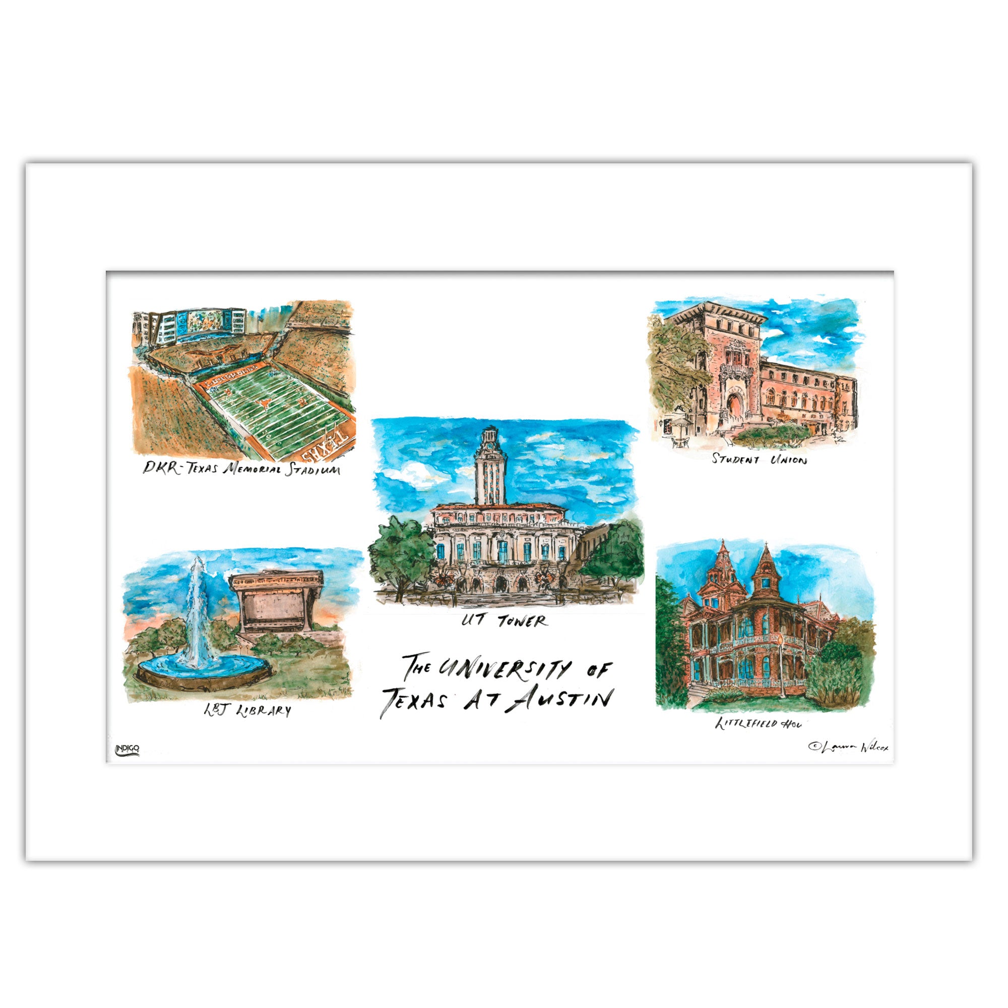 Texas at Austin Collage, Matted Watercolor Wall Art 11" x 14" by Laura Wilcox