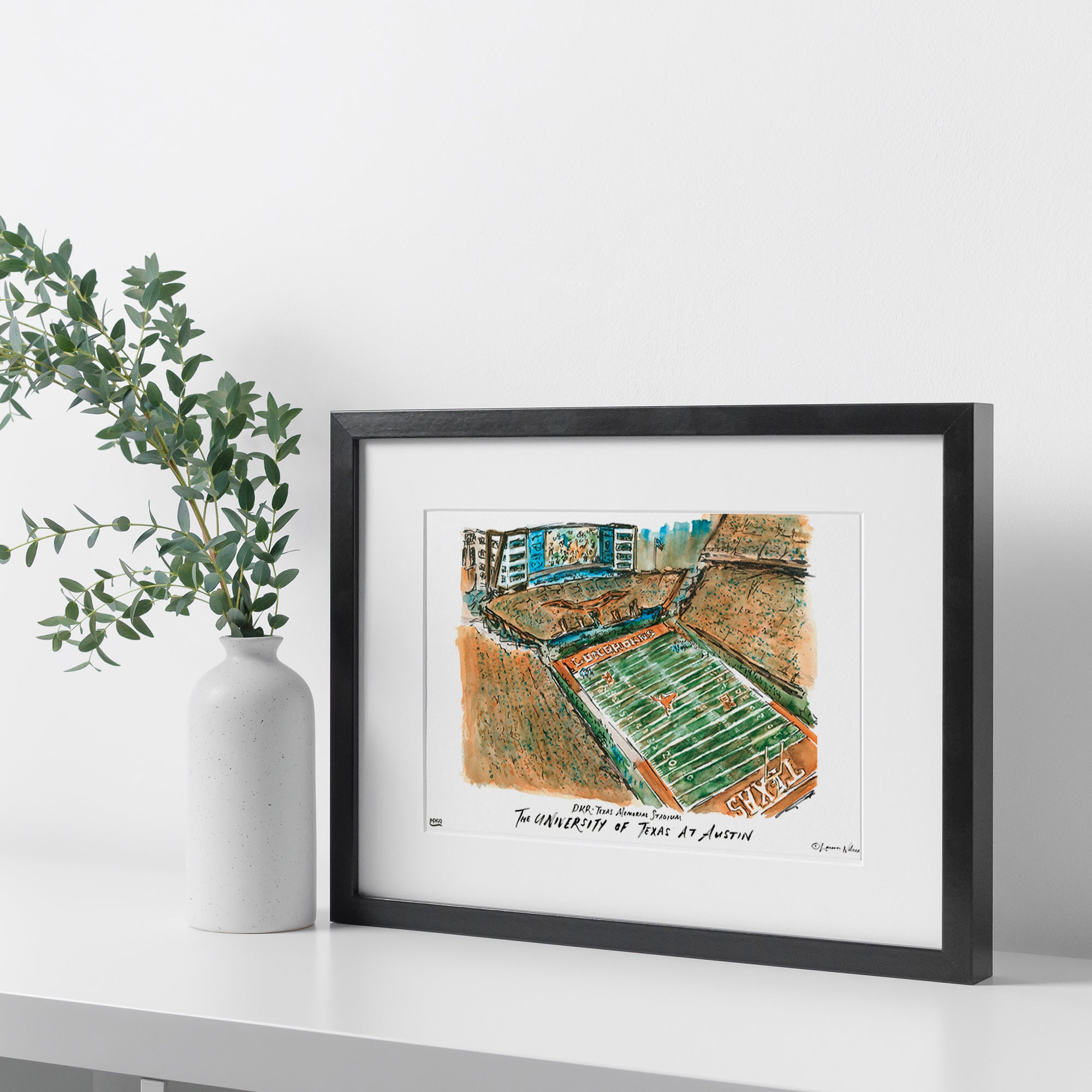 Texas at Austin DKR-Texas Memorial Stadium, Framed Watercolor Wall Art 11" x 14" by Laura Wilcox