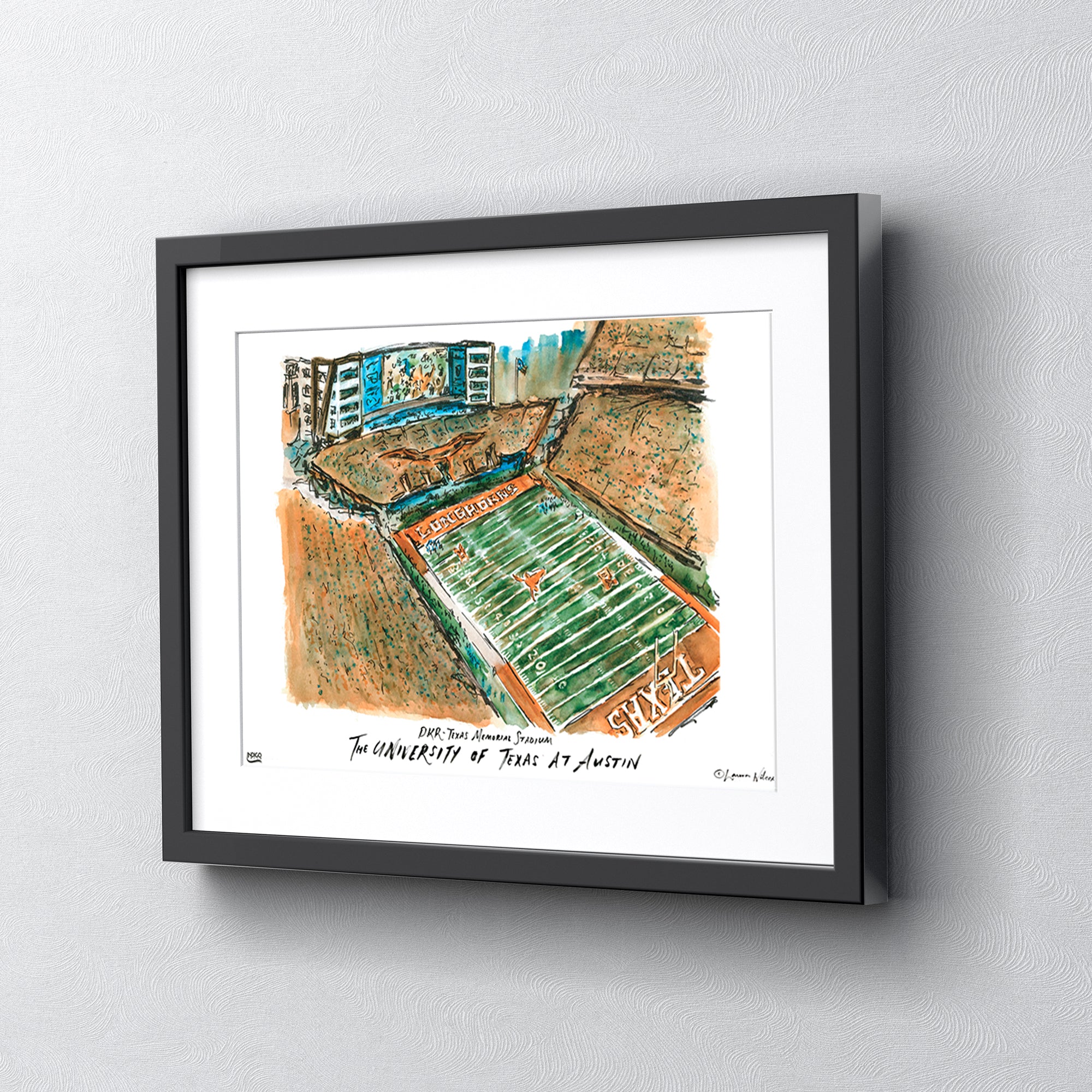 Texas at Austin DKR-Texas Memorial Stadium, Framed Watercolor Wall Art 11" x 14" by Laura Wilcox