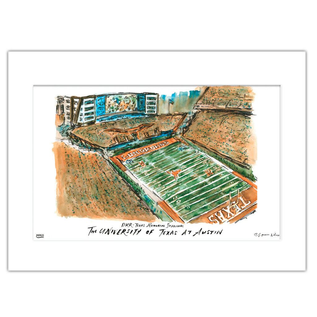 Texas at Austin DKR-Texas Memorial Stadium, Matted Watercolor Wall Art 11" x 14" by Laura Wilcox