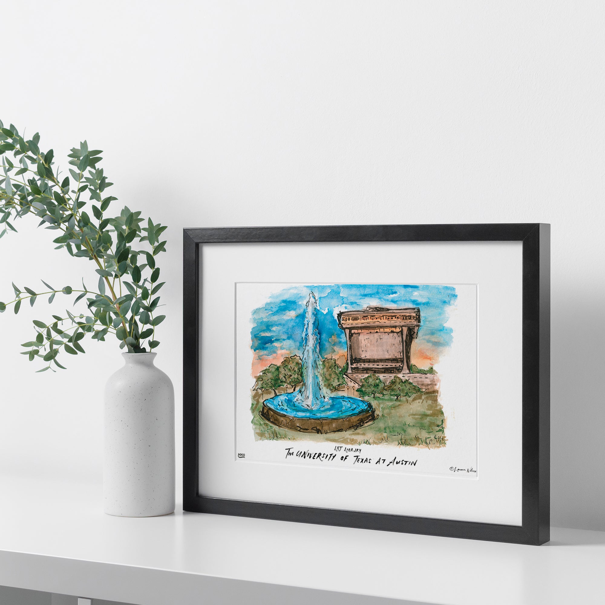 Texas at Austin LBJ Library, Framed Watercolor Wall Art 11" x 14" by Laura Wilcox