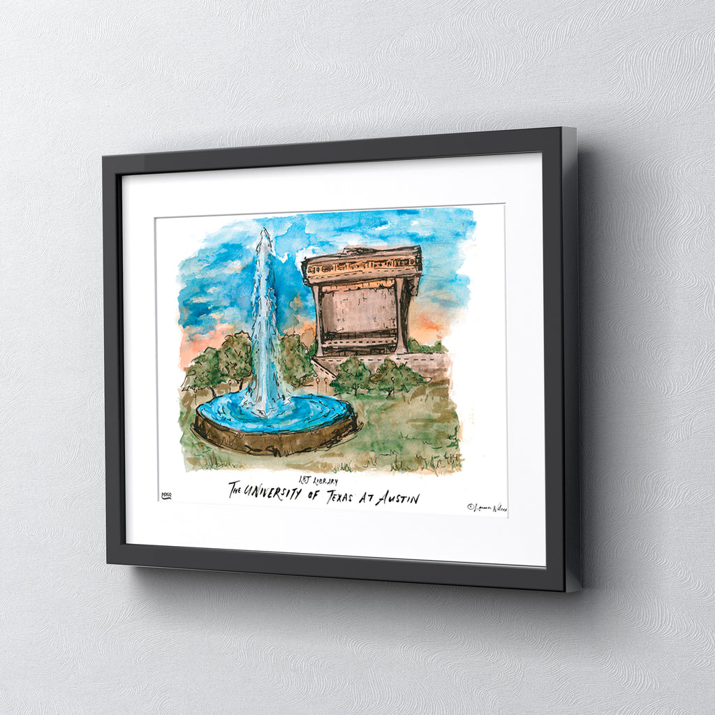 Texas at Austin LBJ Library, Framed Watercolor Wall Art 16" x 20" by Laura Wilcox