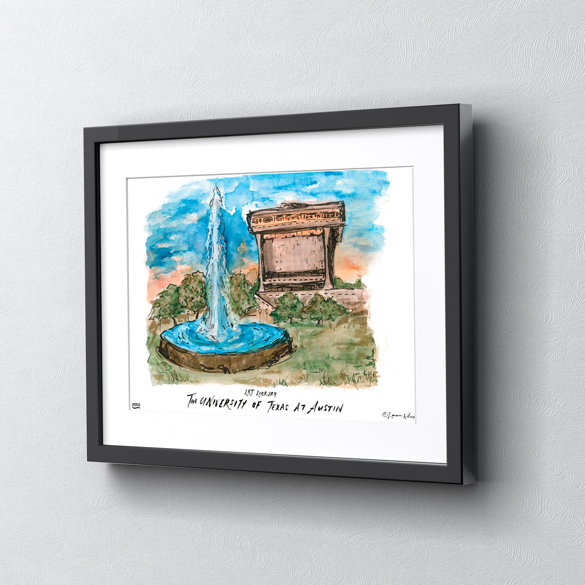 Texas at Austin LBJ Library, Framed Watercolor Wall Art 16" x 20" by Laura Wilcox