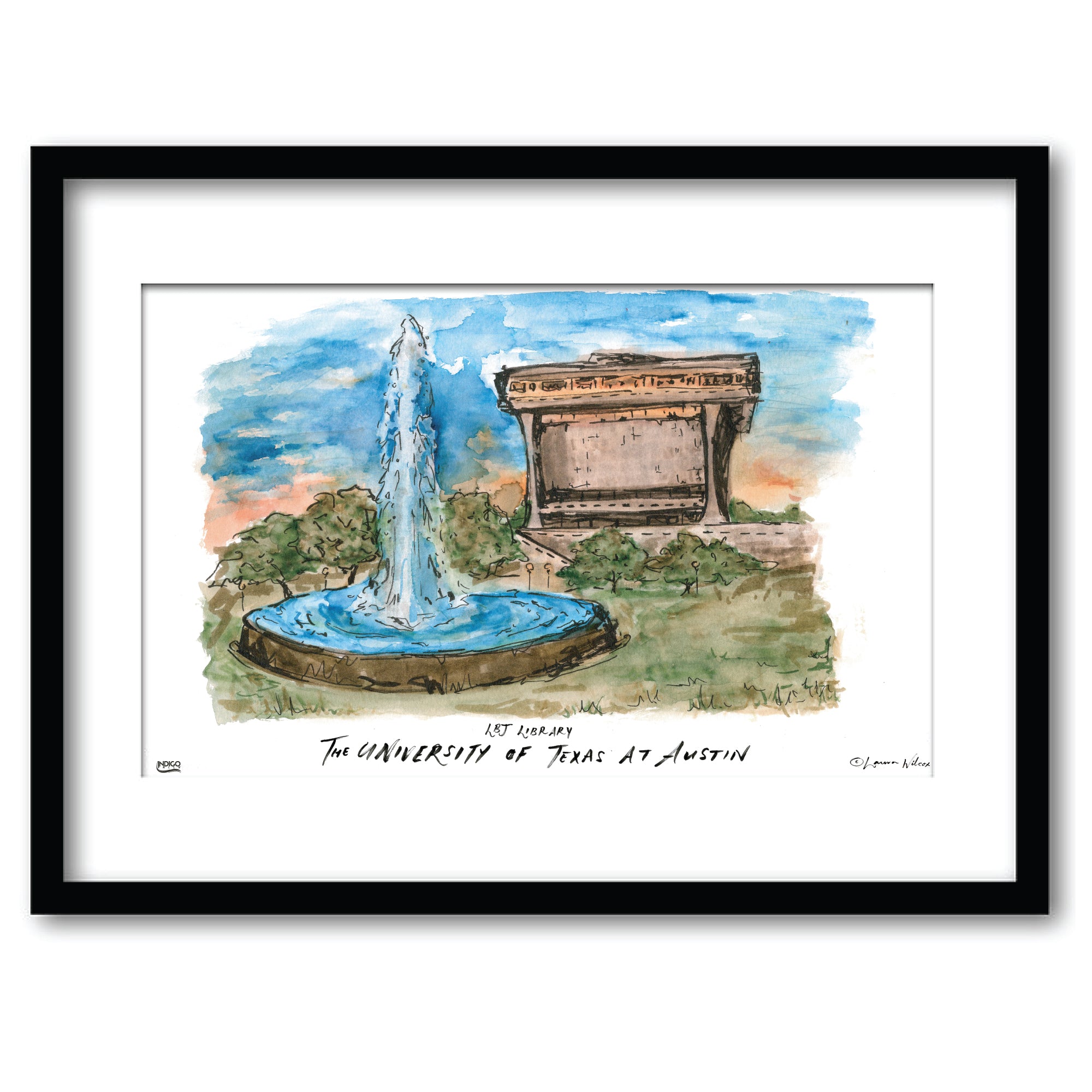 Texas at Austin LBJ Library, Framed Watercolor Wall Art 11" x 14" by Laura Wilcox