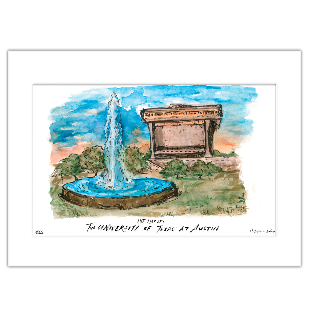 Texas at Austin LBJ Library, Matted Watercolor Wall Art 16" x 20" by Laura Wilcox