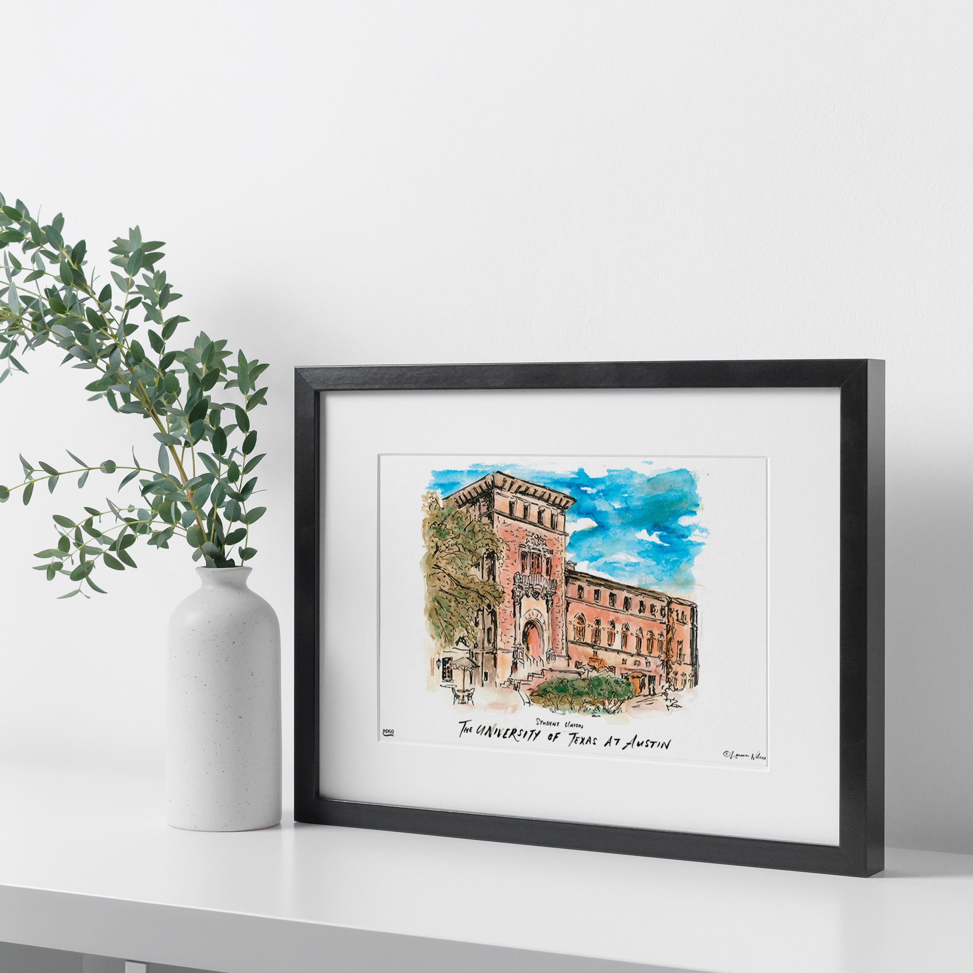 Texas at Austin Student Union, Framed Watercolor Wall Art 16" x 20" by Laura Wilcox