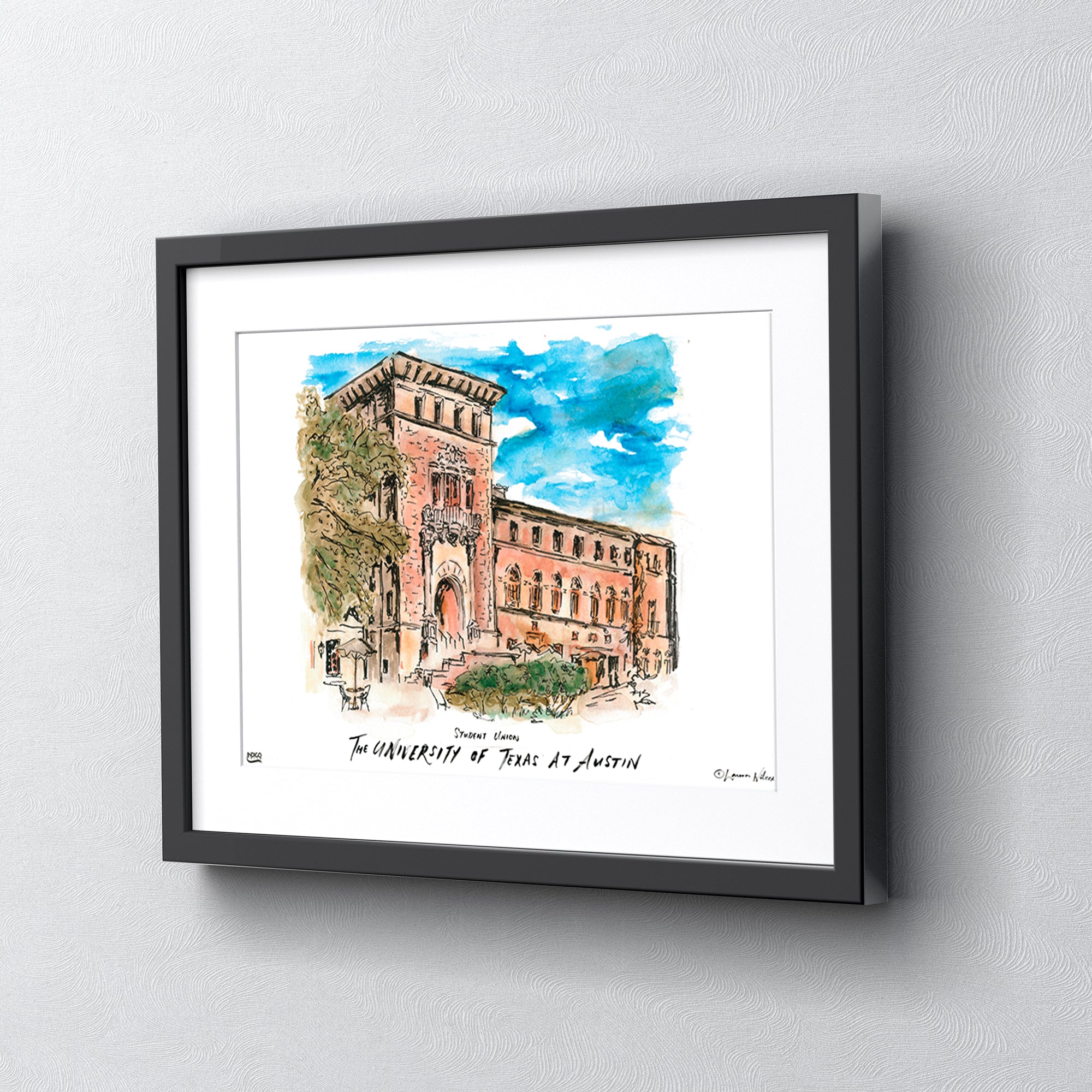 Texas at Austin Student Union, Framed Watercolor Wall Art 16" x 20" by Laura Wilcox