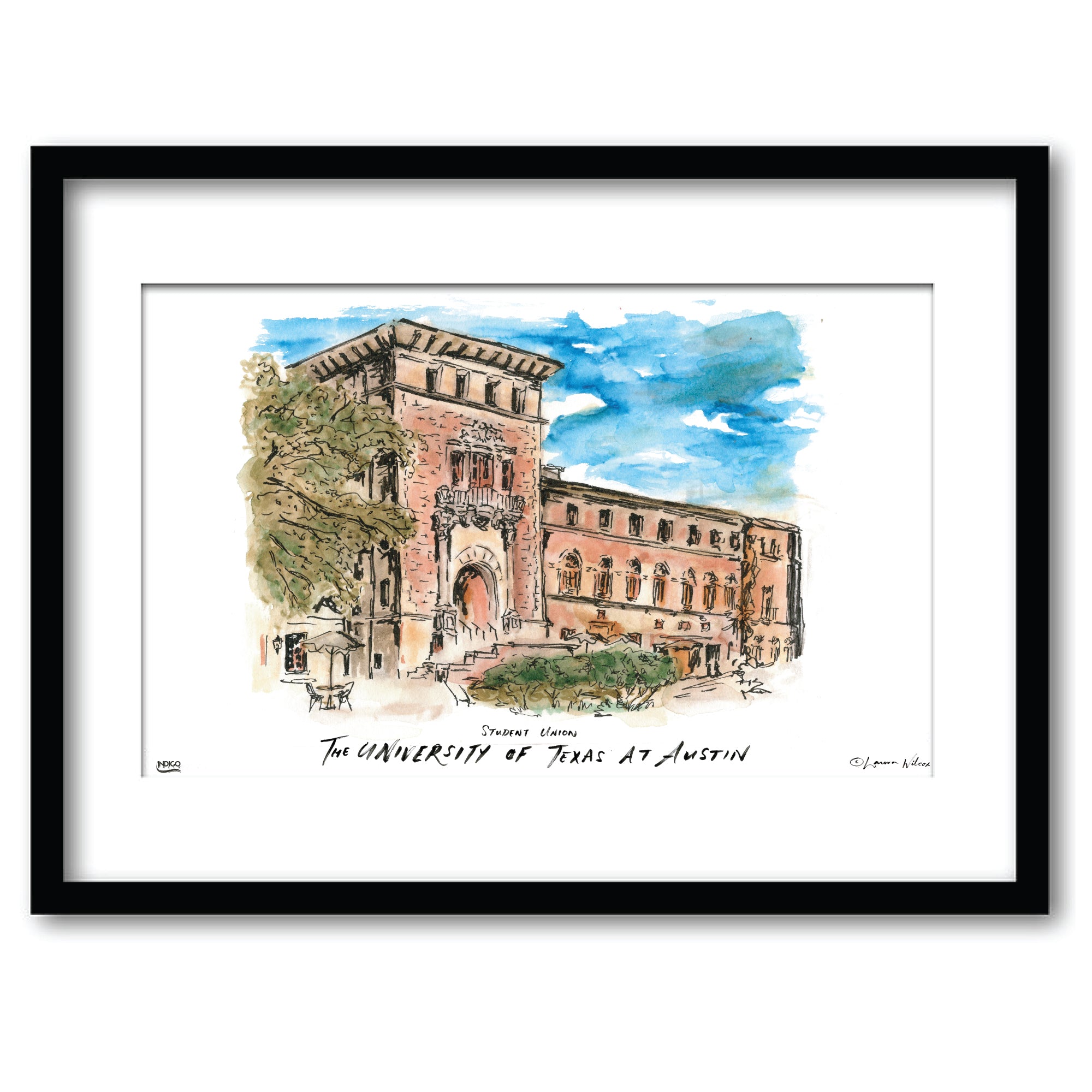 Texas at Austin Student Union, Framed Watercolor Wall Art 11" x 14" by Laura Wilcox