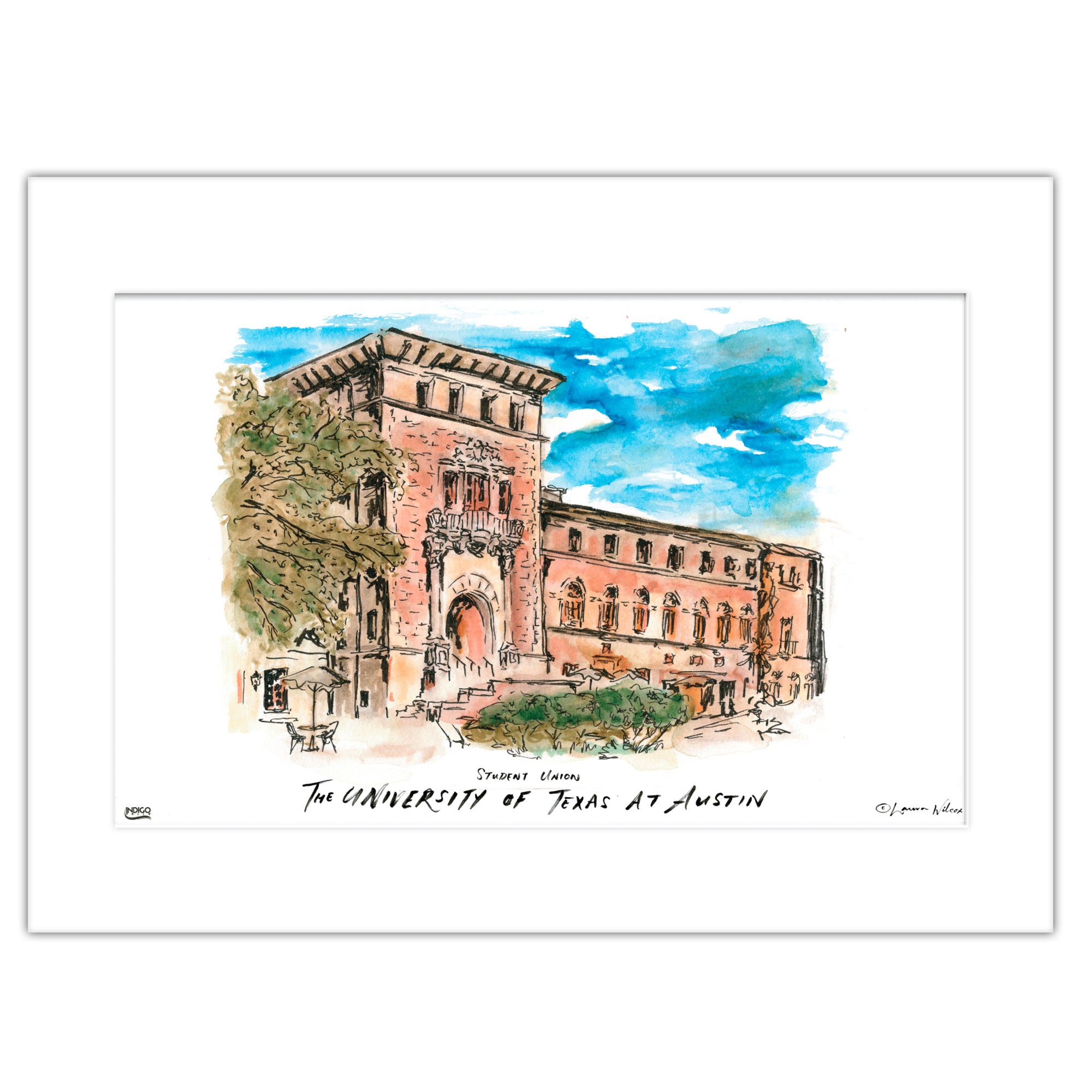 Texas at Austin Student Union, Matted Watercolor Wall Art 11" x 14" by Laura Wilcox