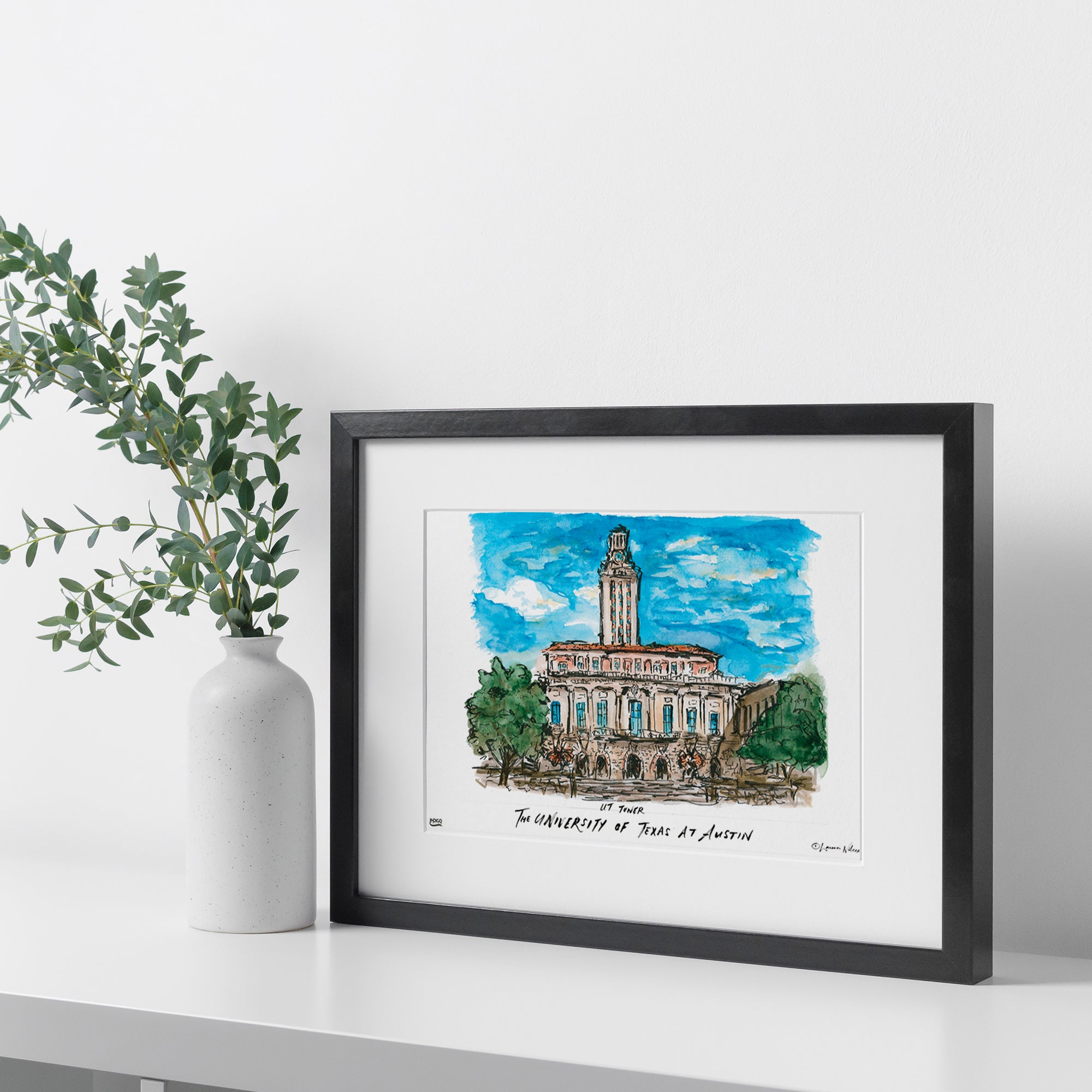 Texas at Austin UT Tower, Framed Watercolor Wall Art 16" x 20" by Laura Wilcox
