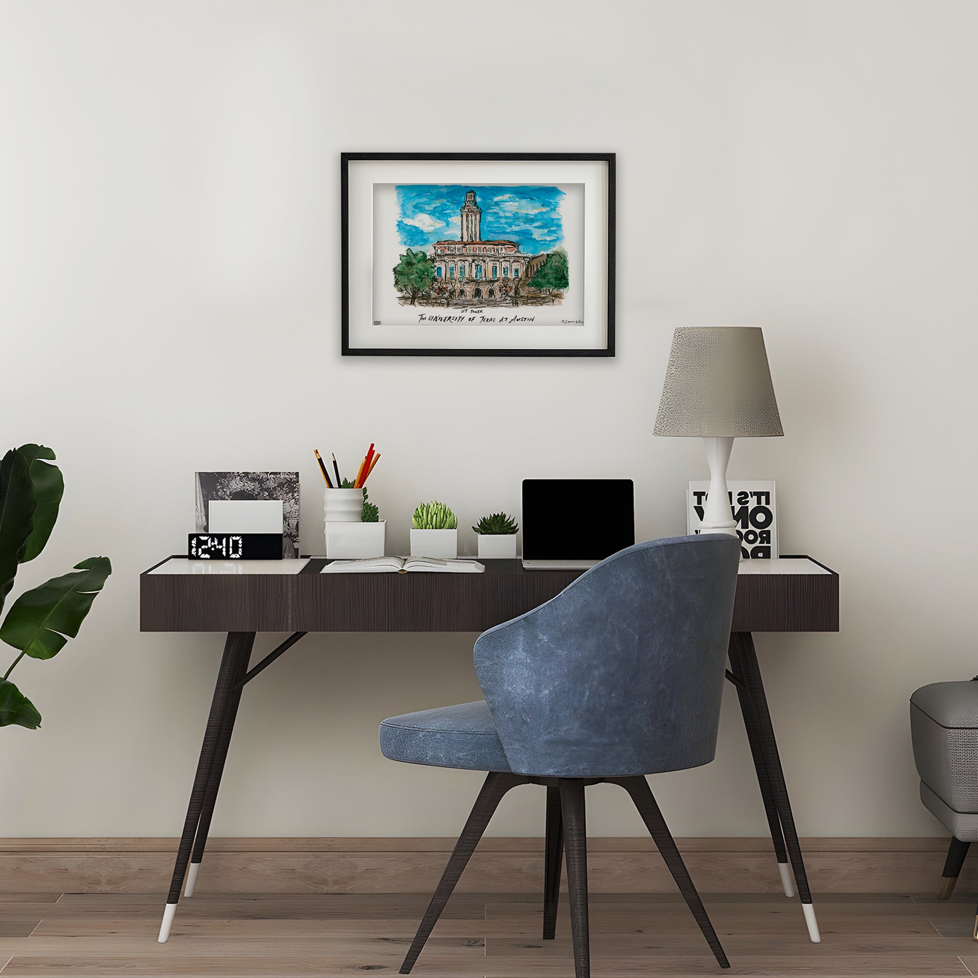 Texas at Austin UT Tower, Framed Watercolor Wall Art 11" x 14" by Laura Wilcox
