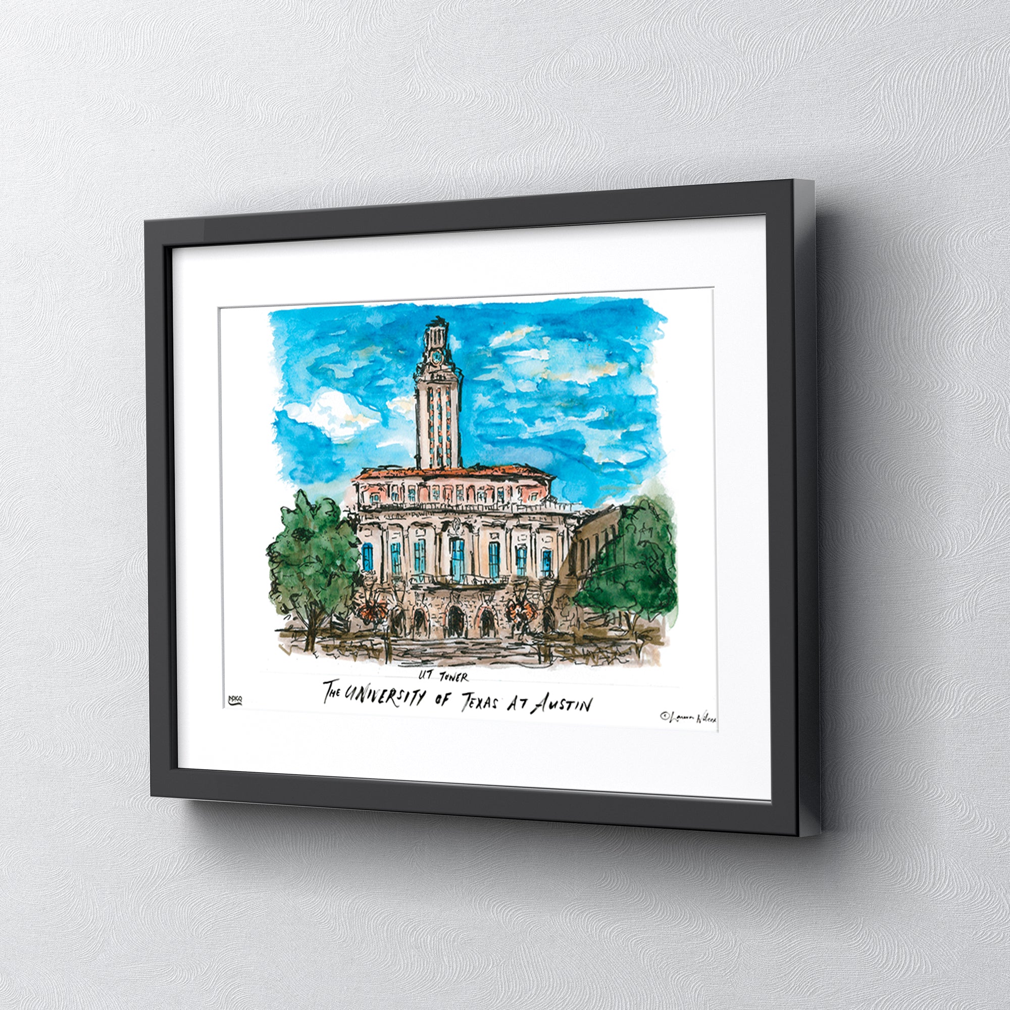 Texas at Austin UT Tower, Framed Watercolor Wall Art 16" x 20" by Laura Wilcox