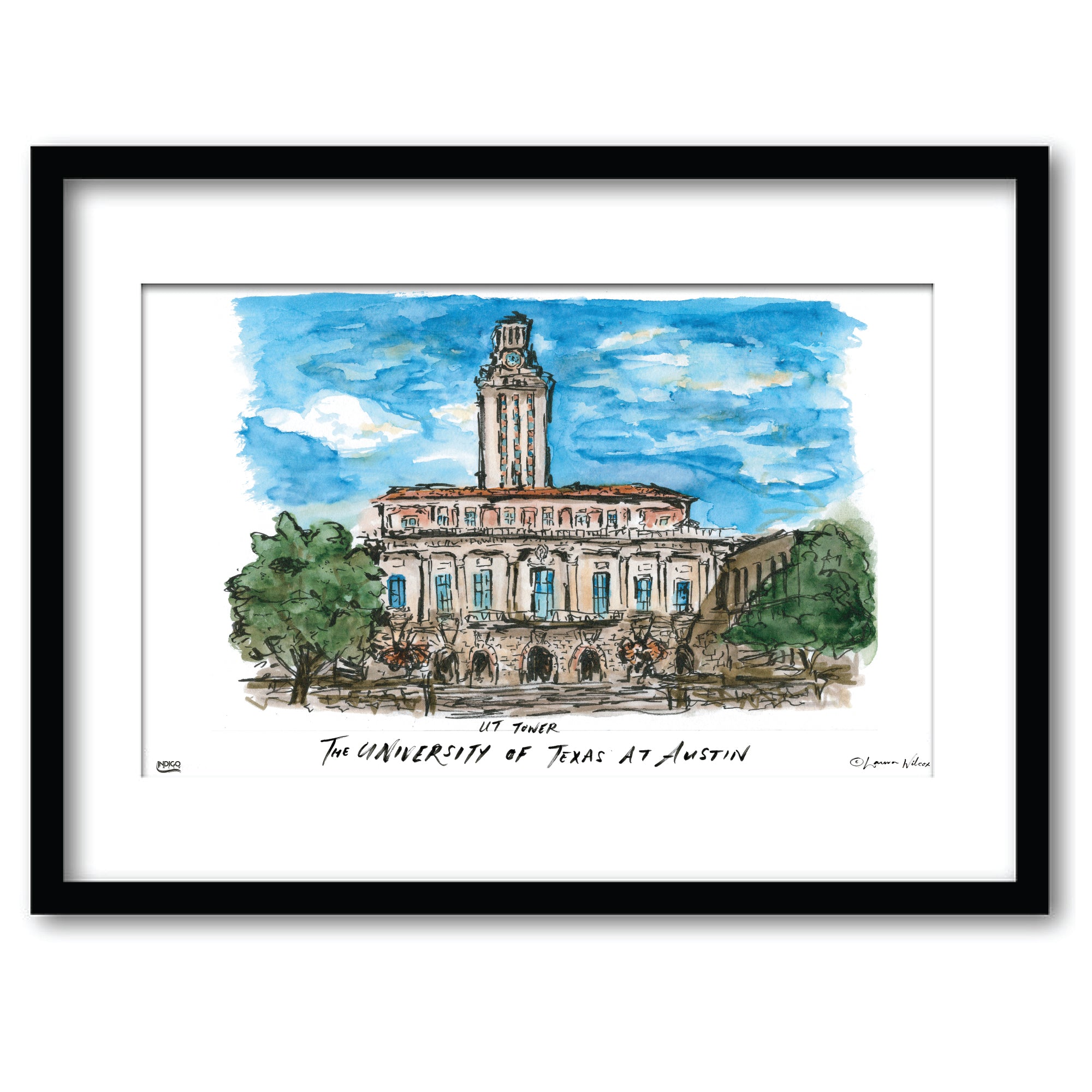 Texas at Austin UT Tower, Framed Watercolor Wall Art 11" x 14" by Laura Wilcox
