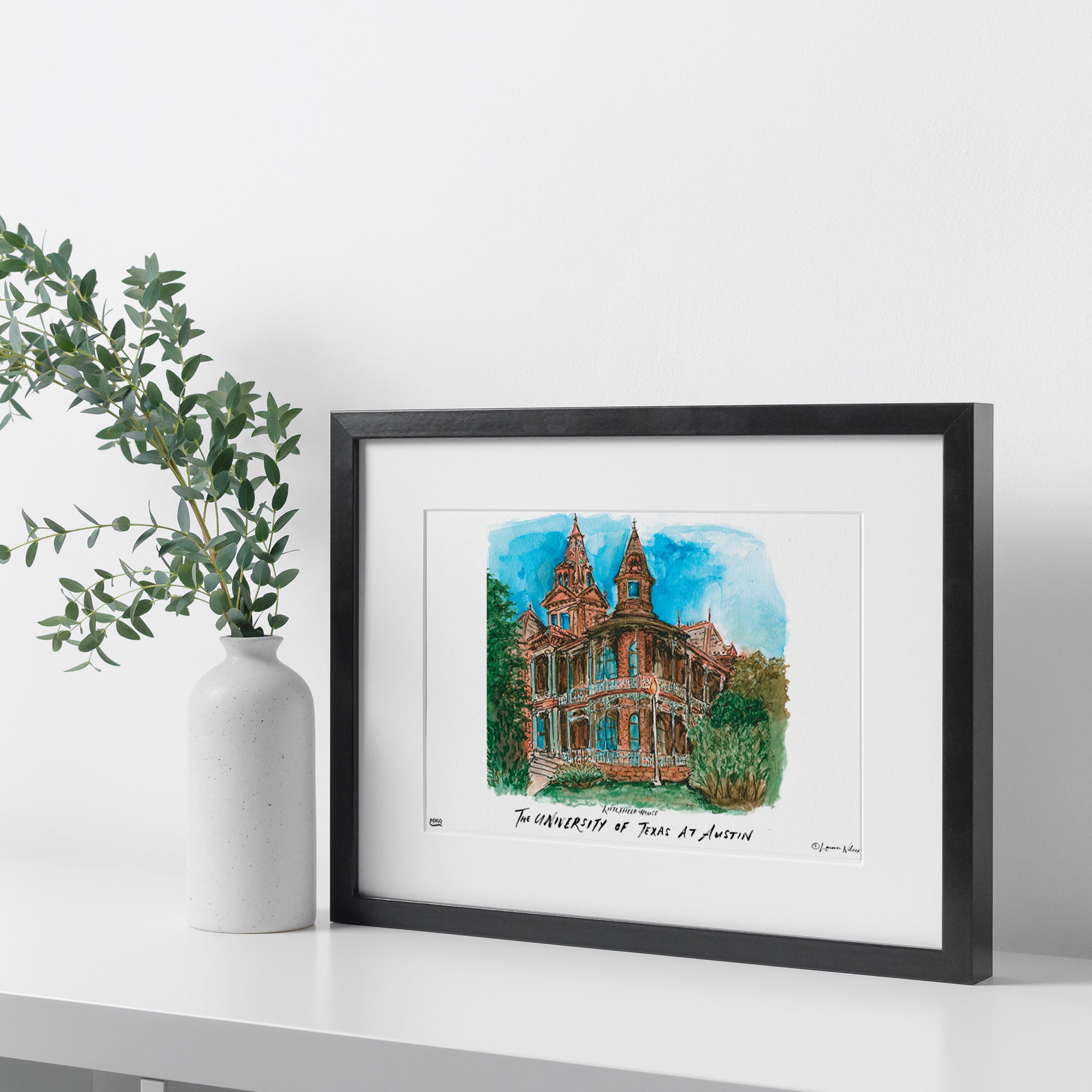 Texas at Austin Littlefield House, Framed Watercolor Wall Art 11" x 14" by Laura Wilcox