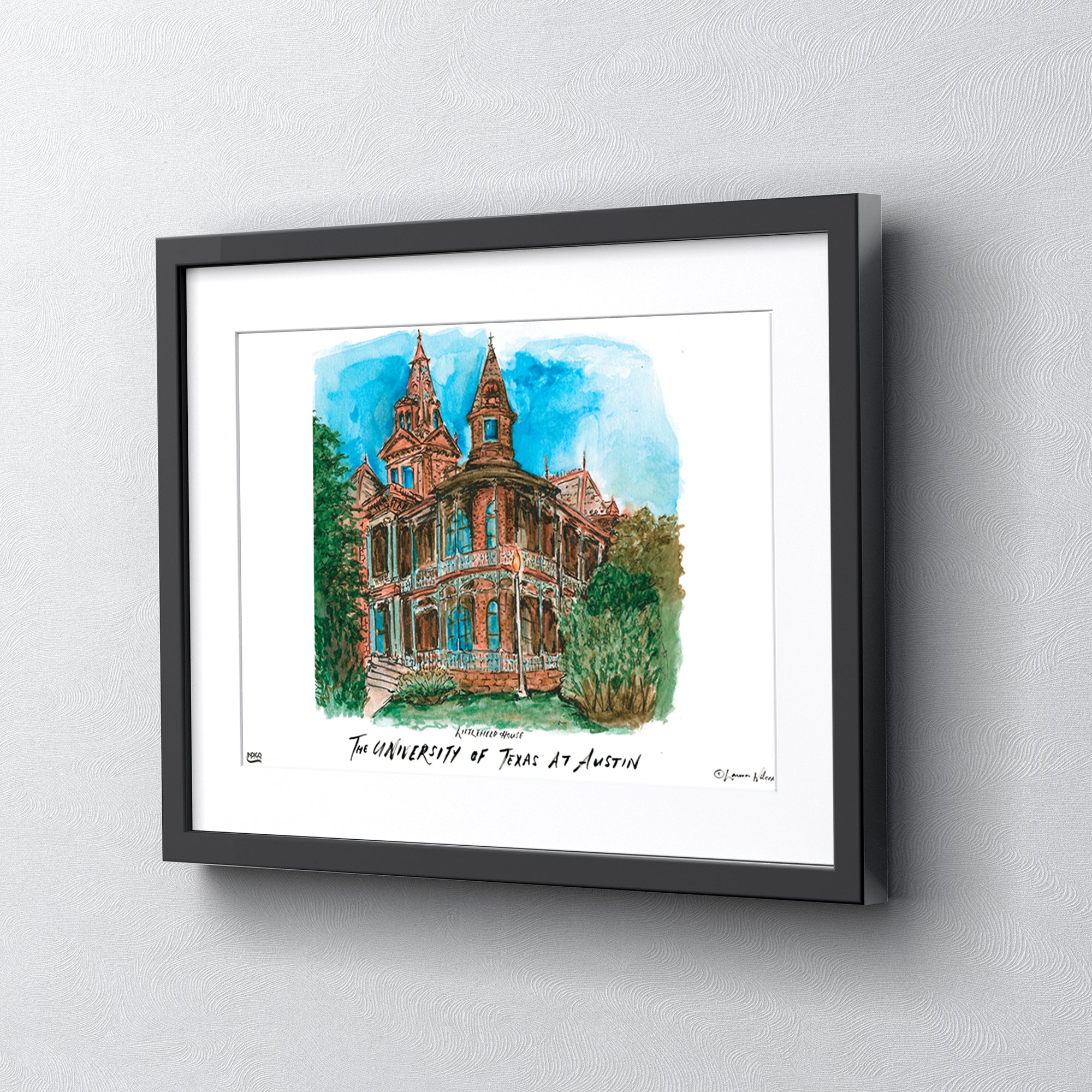 Texas at Austin Littlefield House, Framed Watercolor Wall Art 11" x 14" by Laura Wilcox