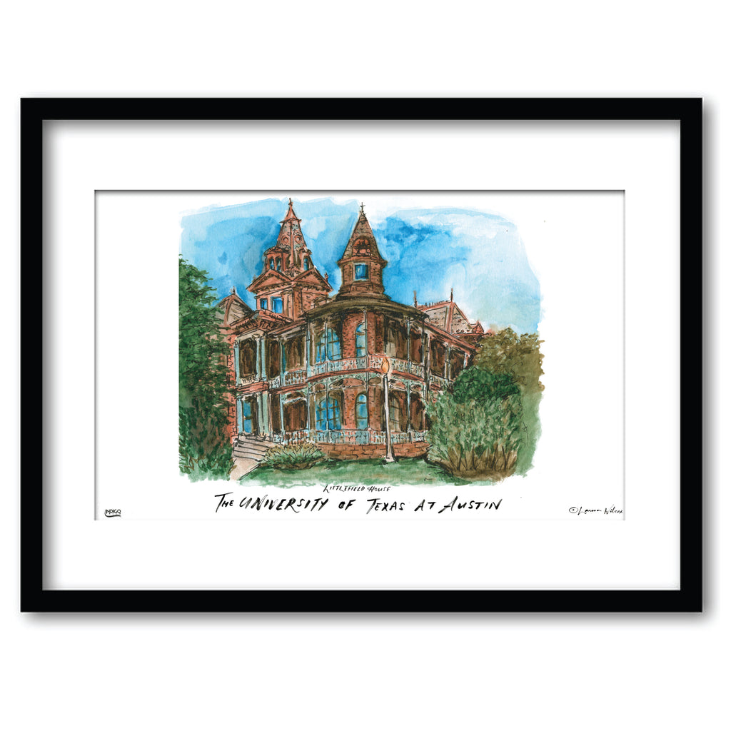 Texas at Austin Littlefield House, Framed Watercolor Wall Art 11" x 14" by Laura Wilcox