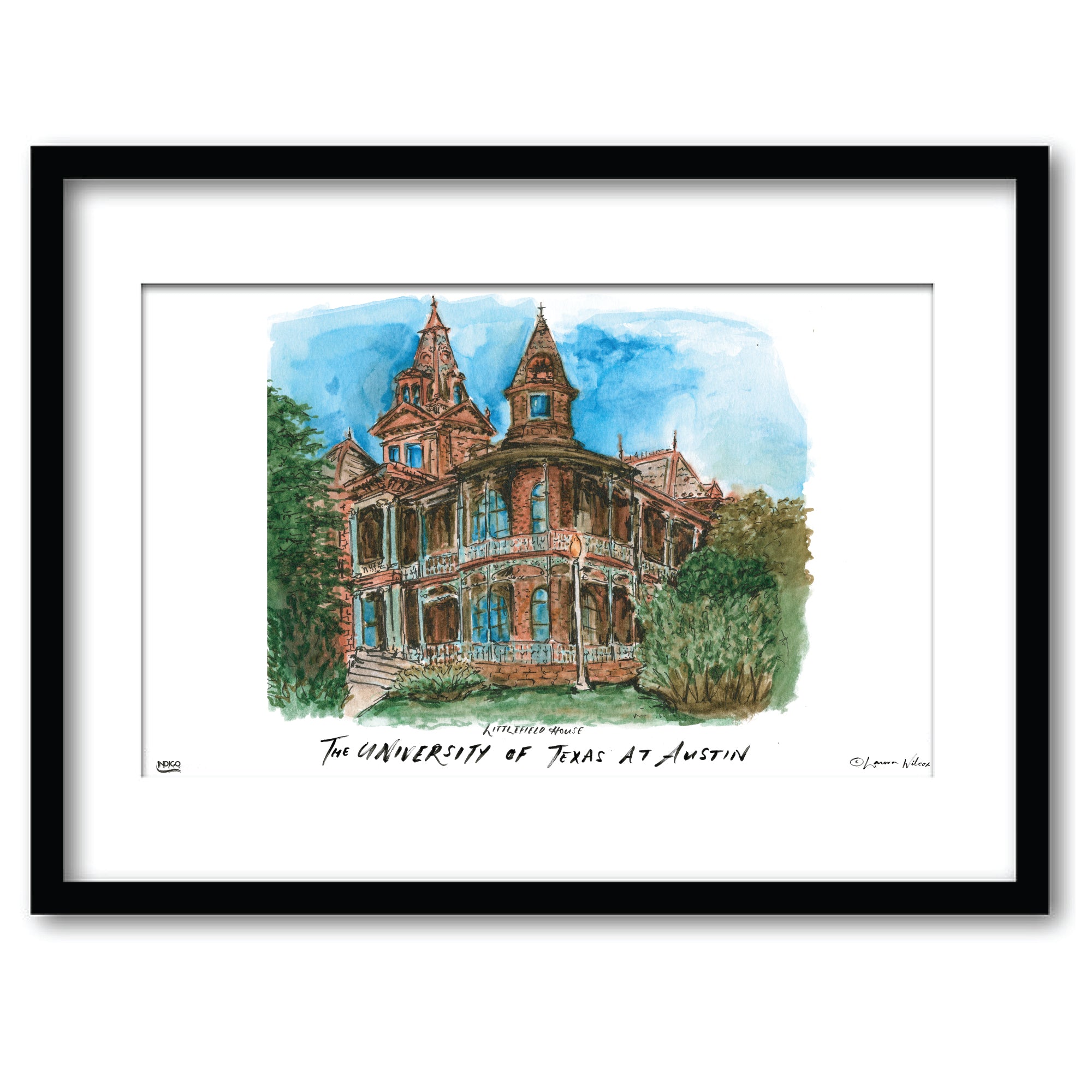 Texas at Austin Littlefield House, Framed Watercolor Wall Art 11" x 14" by Laura Wilcox