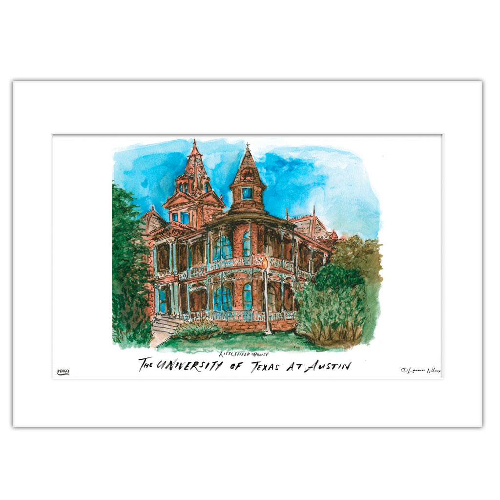 Texas at Austin Littlefield House, Matted Watercolor Wall Art 16" x 20" by Laura Wilcox
