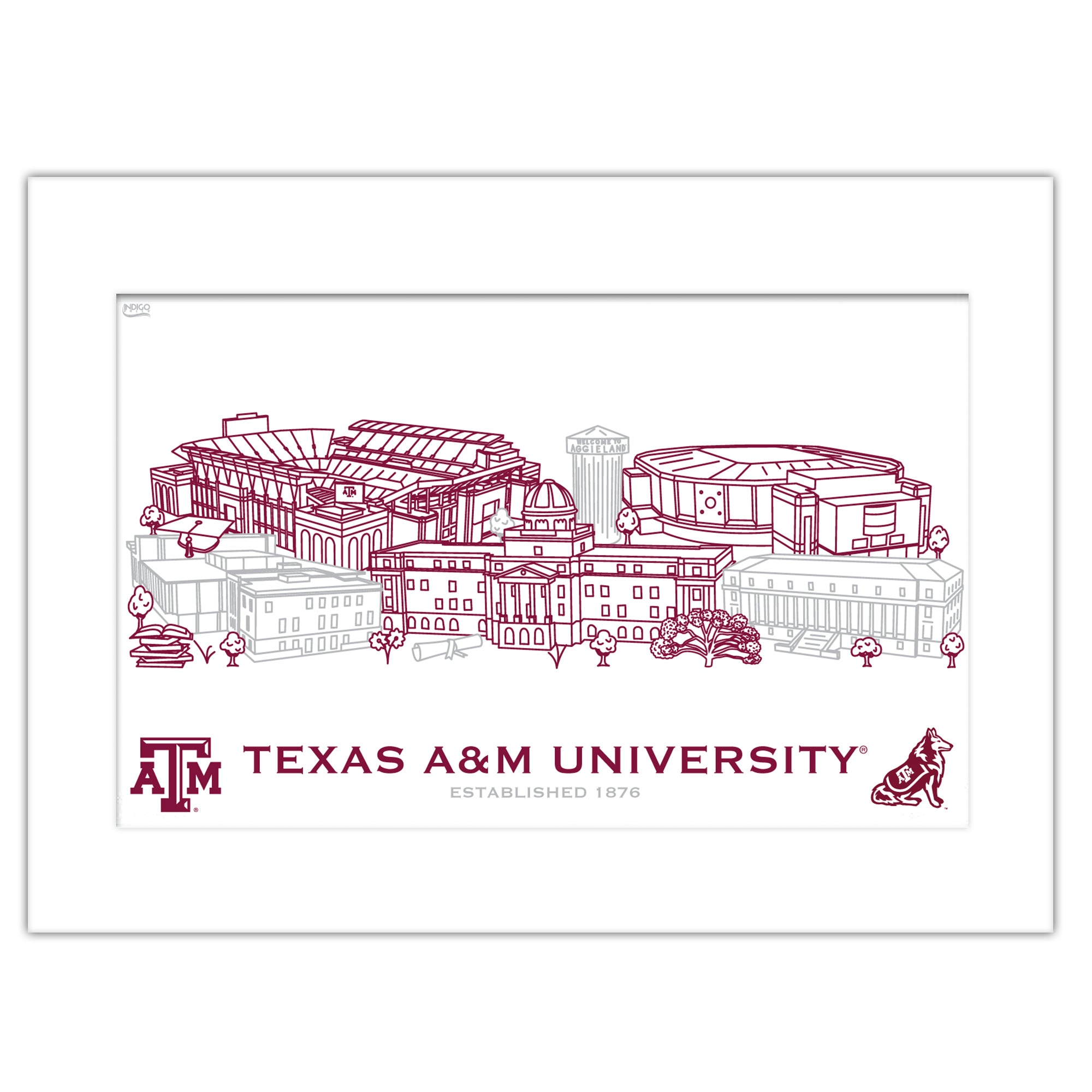 Texas A&M Aggies Matted Campus Line Wall Art 11" x 14"