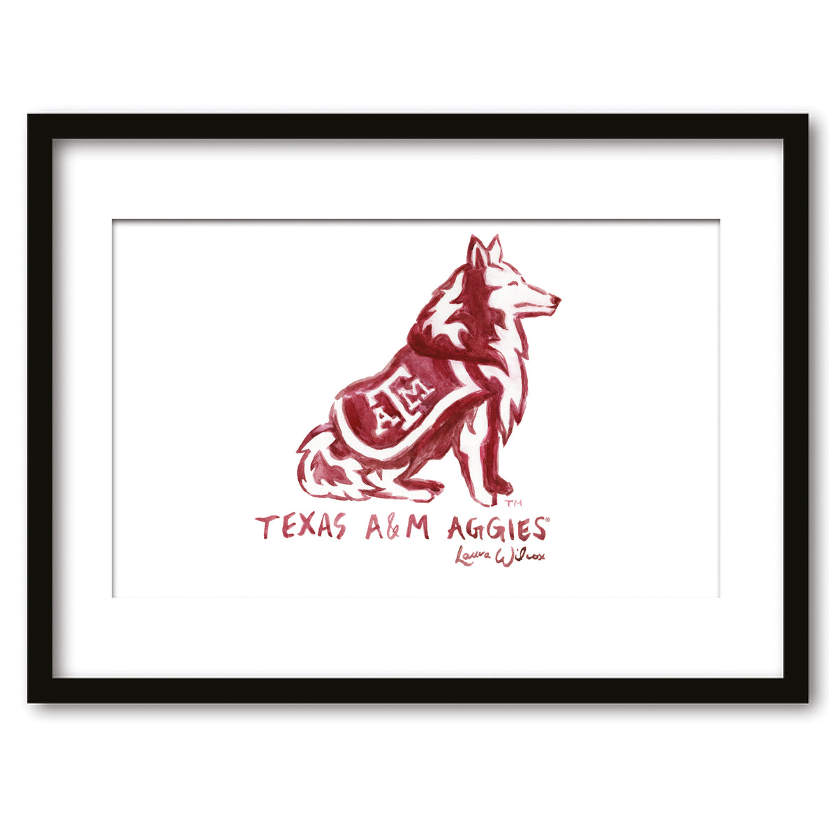 Texas A&M Aggies Mascot by Laura Wilcox, Framed Watercolor Wall Art 11" x 14"