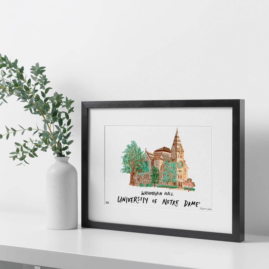 Notre Dame Washington Hall, Framed Watercolor Wall Art 11" x 14" by Laura Wilcox
